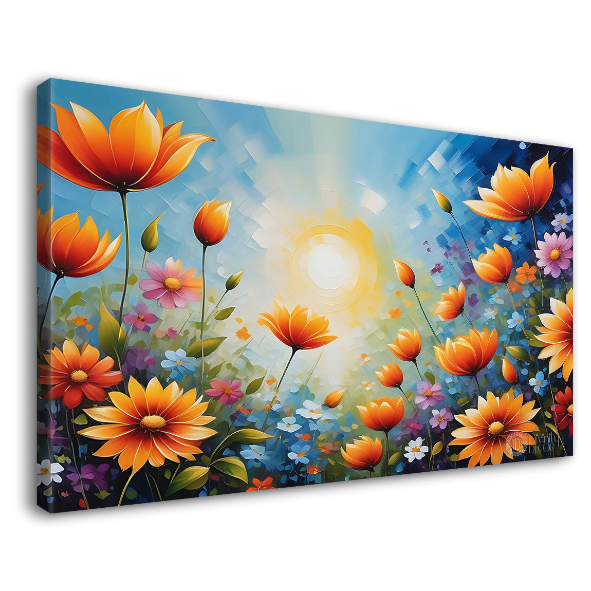 Orange flowers in blue background canvas painting- Flower-587