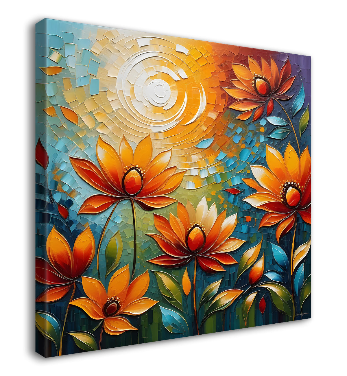 Pink flowers with colourful textured oil painting Flower-S-587