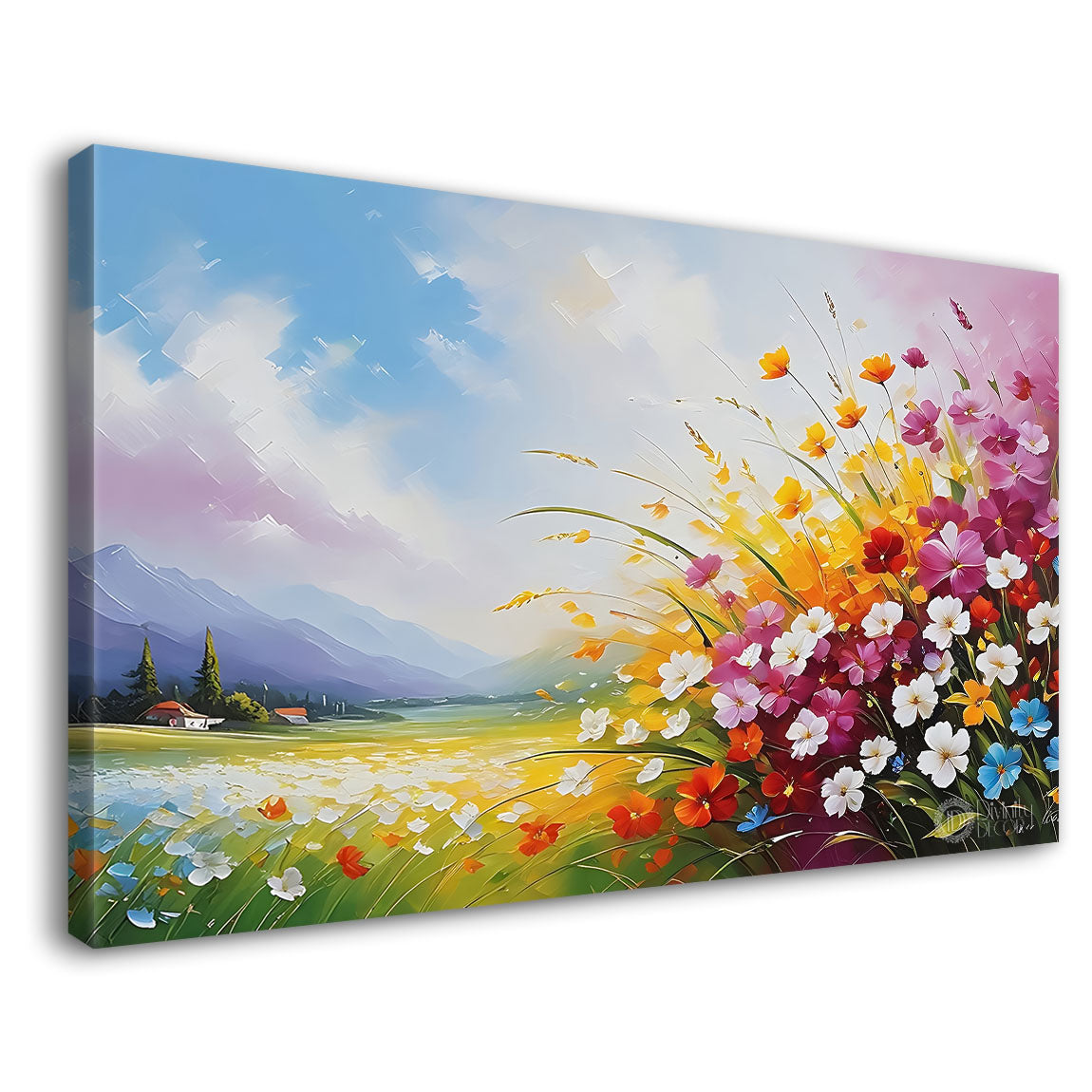 Colorful flowers land with mountains and beautiful sky textured painting canvas painting- Flower-588