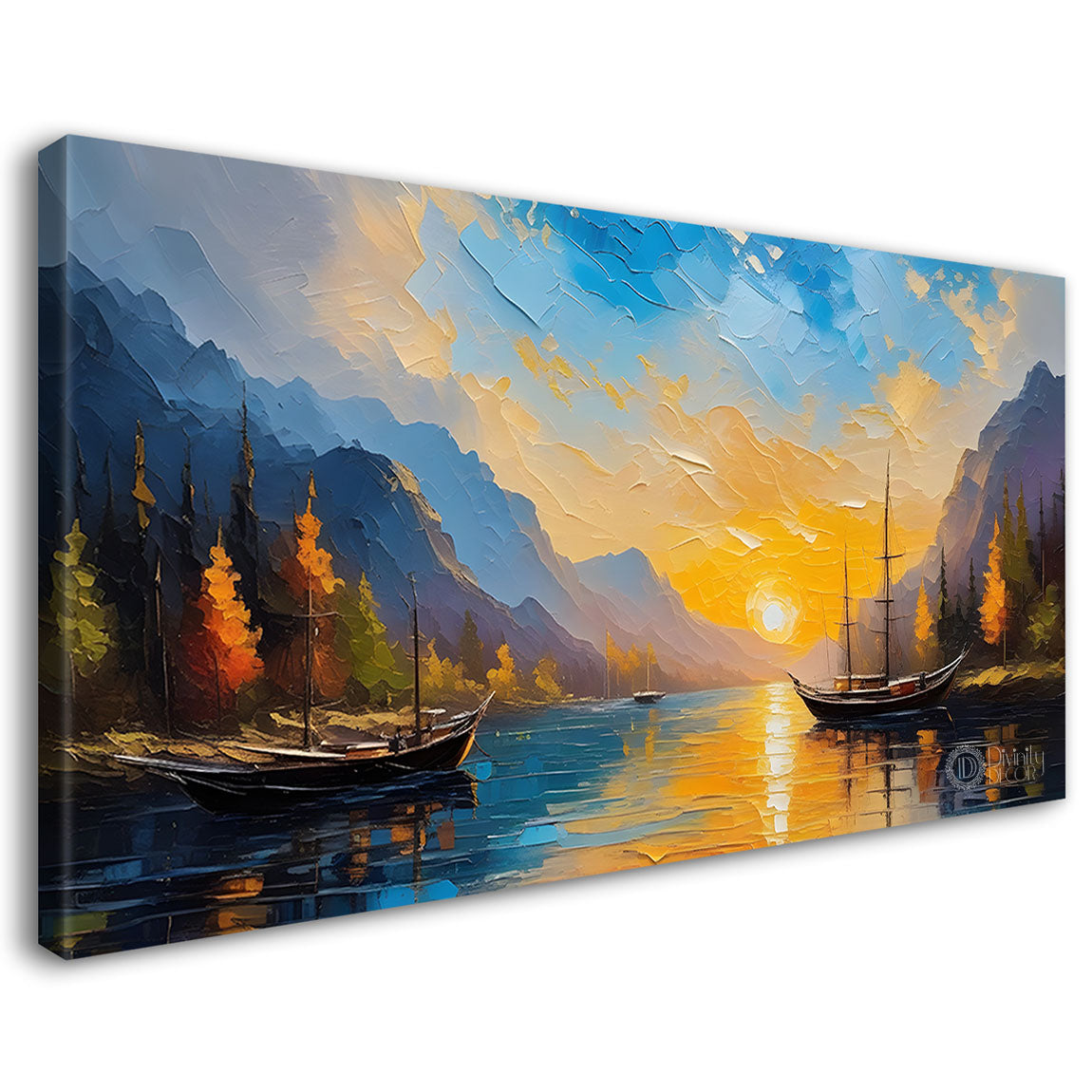 Mountains with river and sunset painting Canvas Painting - Nature Art -588