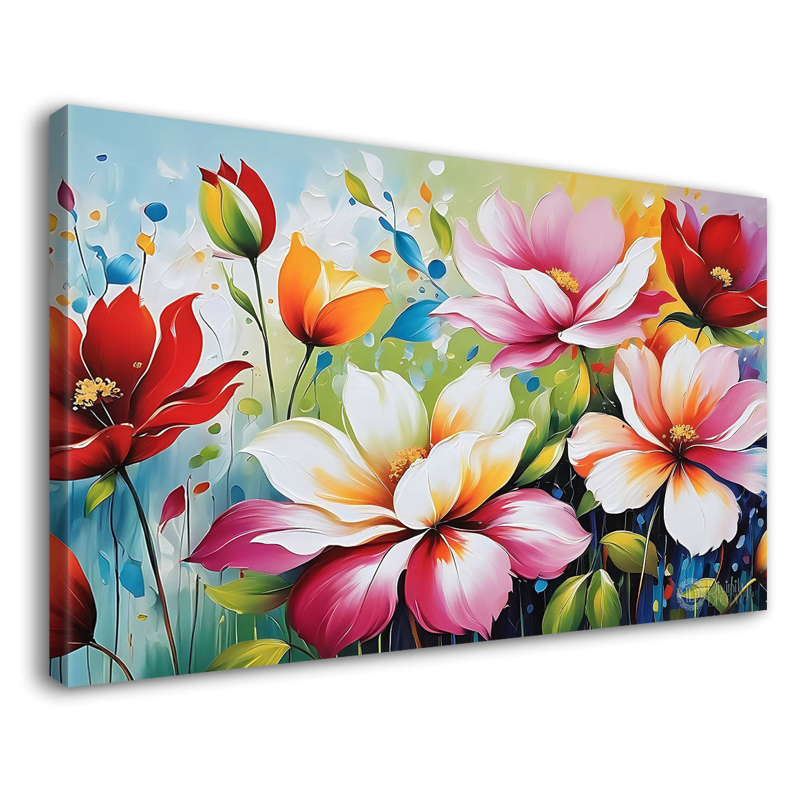 Colorful flowers in blue background canvas painting- Flower-589