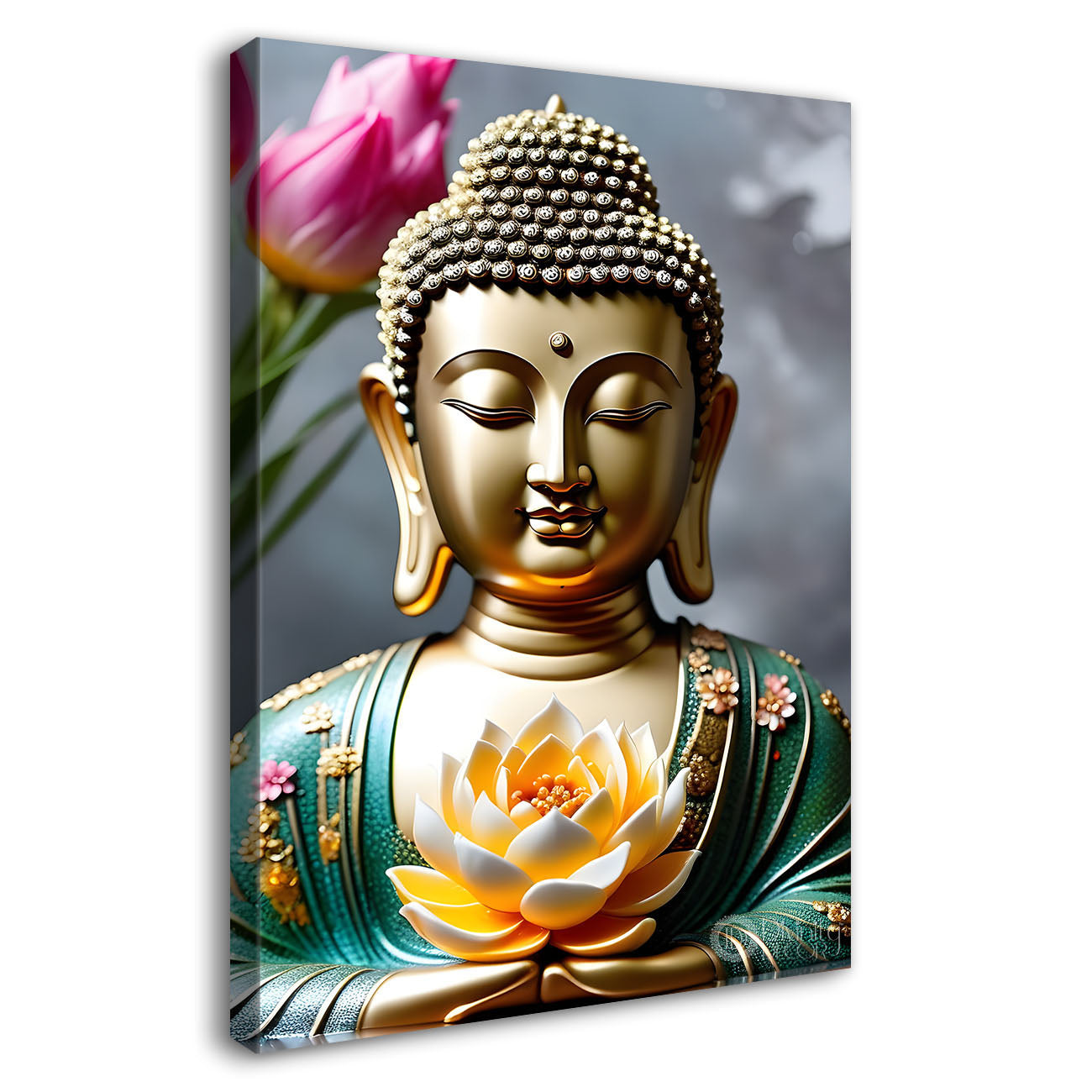 Golden buddha with grey background textured painting - Buddha-V-58