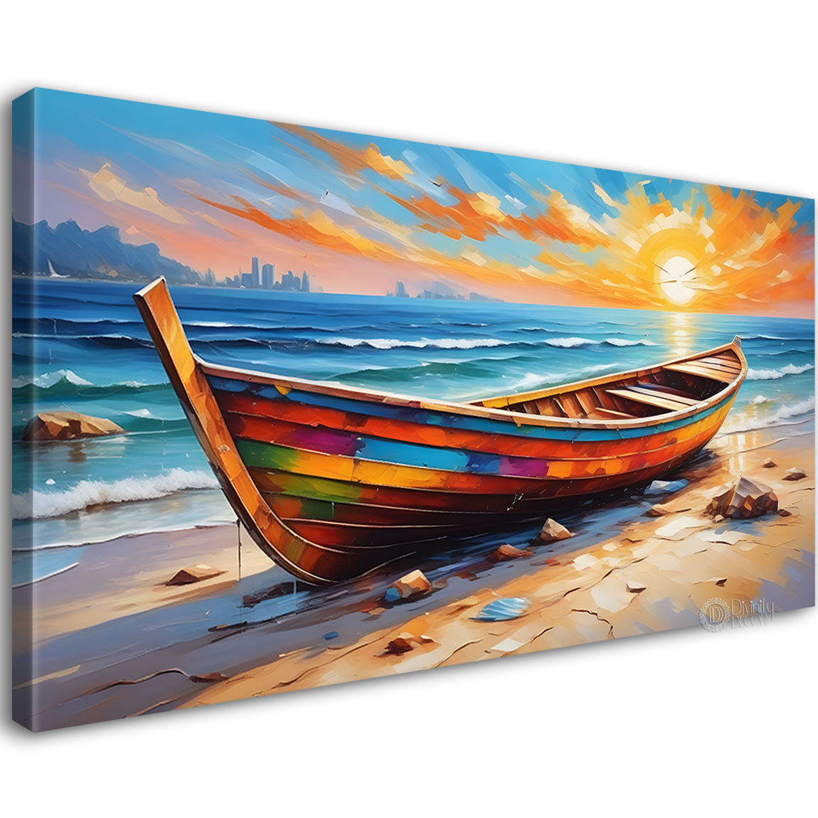 Boat on a beach with sunrise background textured modern art canvas painting - Design - River-58