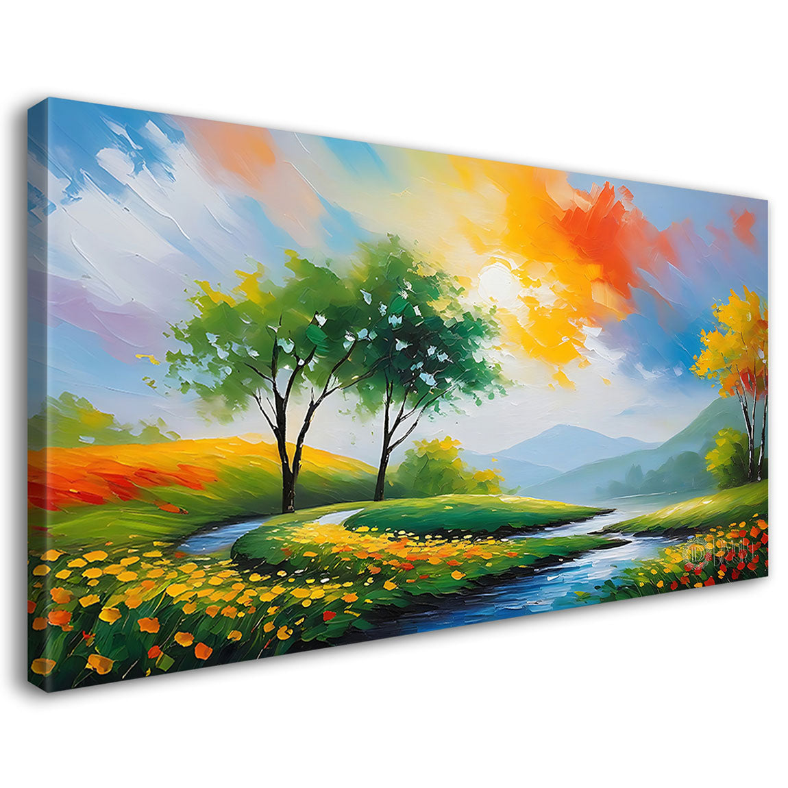 Tree with lake in colorful sky in textured natural art Canvas Painting - Nature Art -58