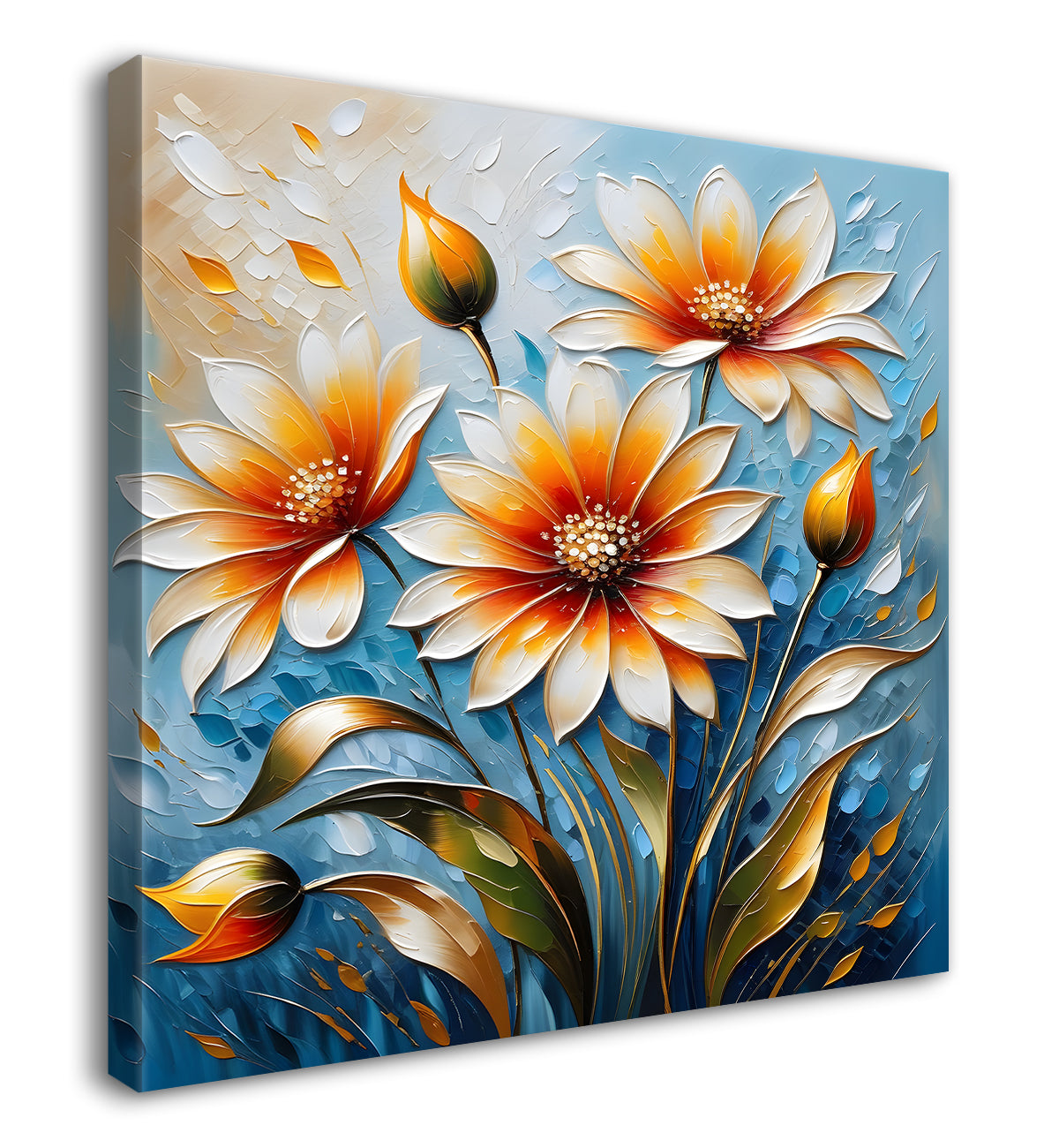 Orange flowers in blue background textured painting - Flower-S-58