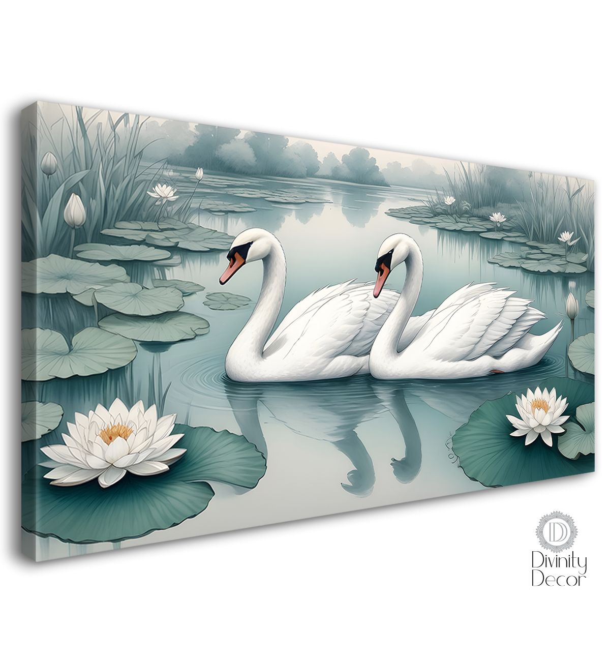 Two swans floating with white lotus in fog textured art - Design - Animal -58