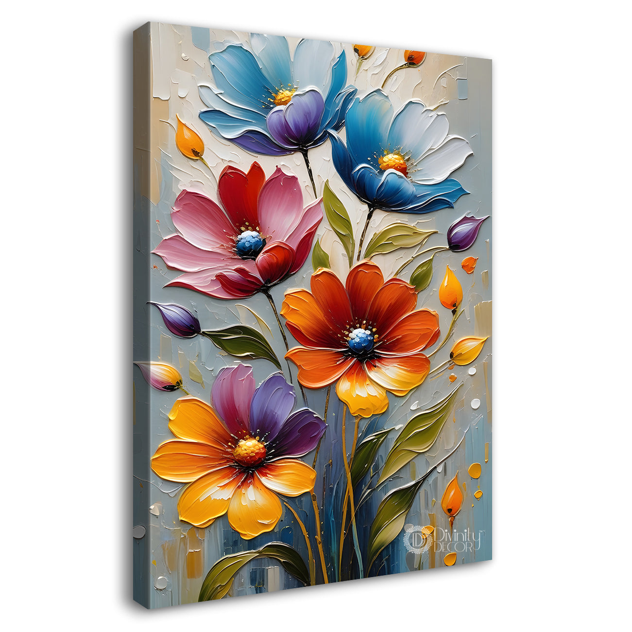 Colourful flowers in grey  textured background painting - Flower-V-58