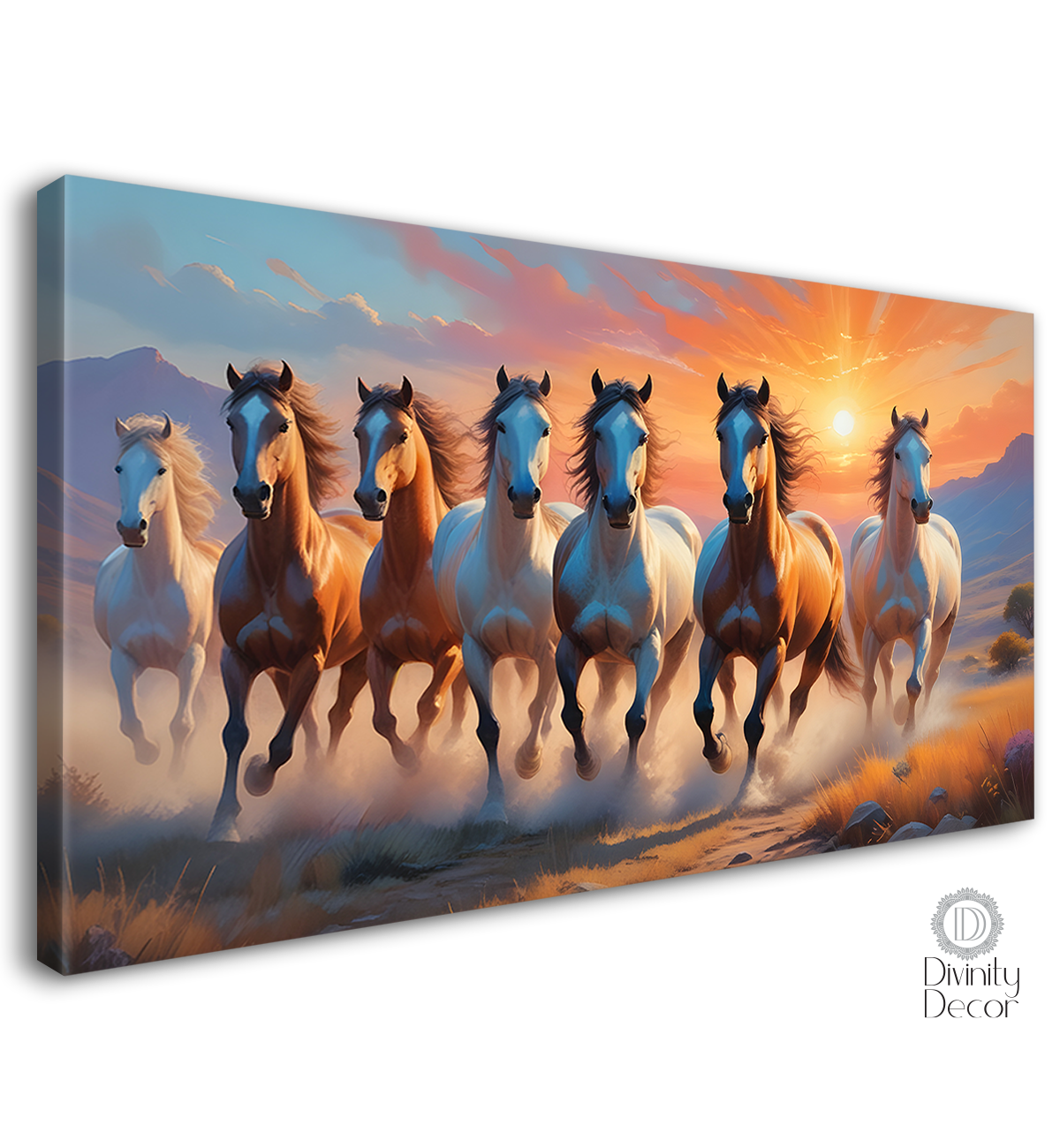 Brown running horses with sunrise textured background art Canvas Painting - Design - Horse-59