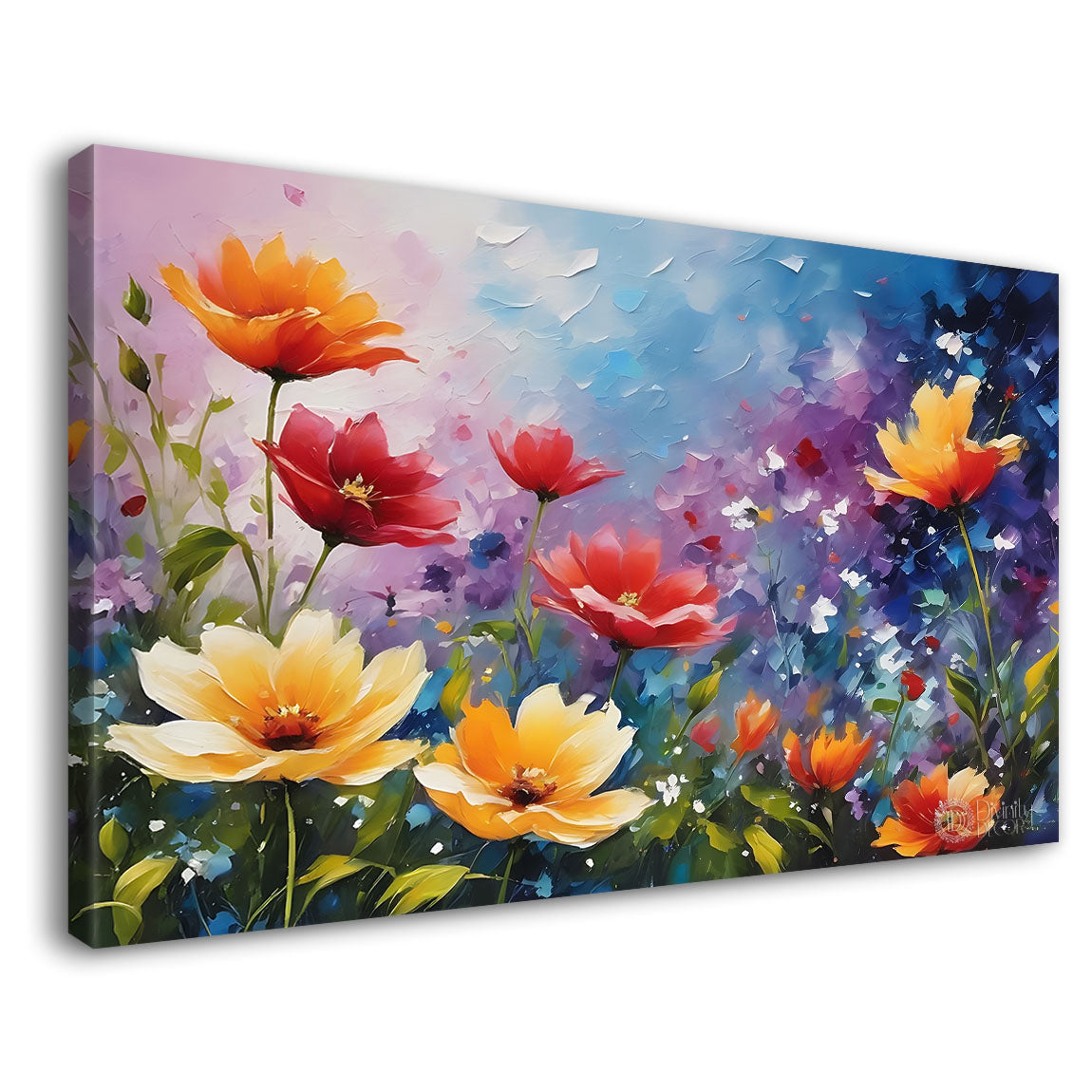 Colorful flowers in blue background canvas painting- Flower-590
