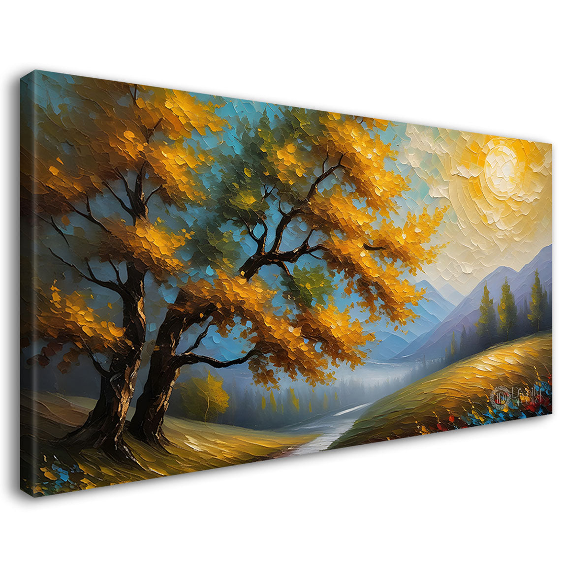 Yellow tree with mountains textured painting Canvas Painting - Nature Art -590