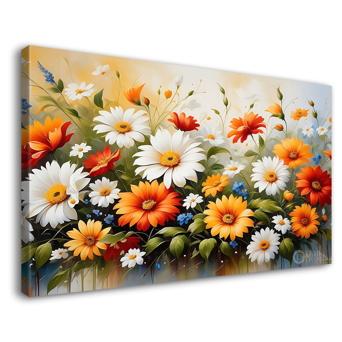 White and orange flowers in light background canvas painting- Flower-591
