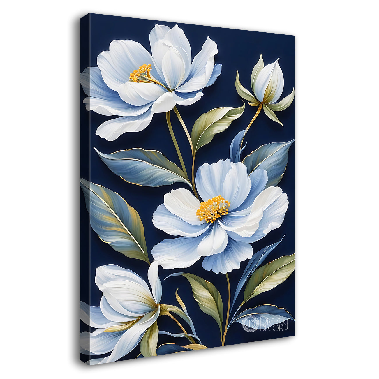 White flowers in blue textured painting- Flower-V-591