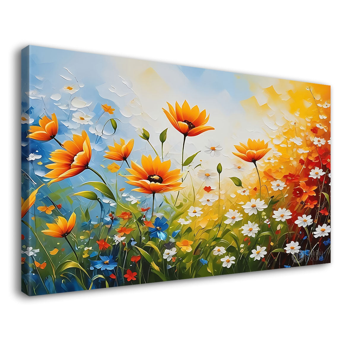 Orange flowers in blue background canvas painting- Flower-592