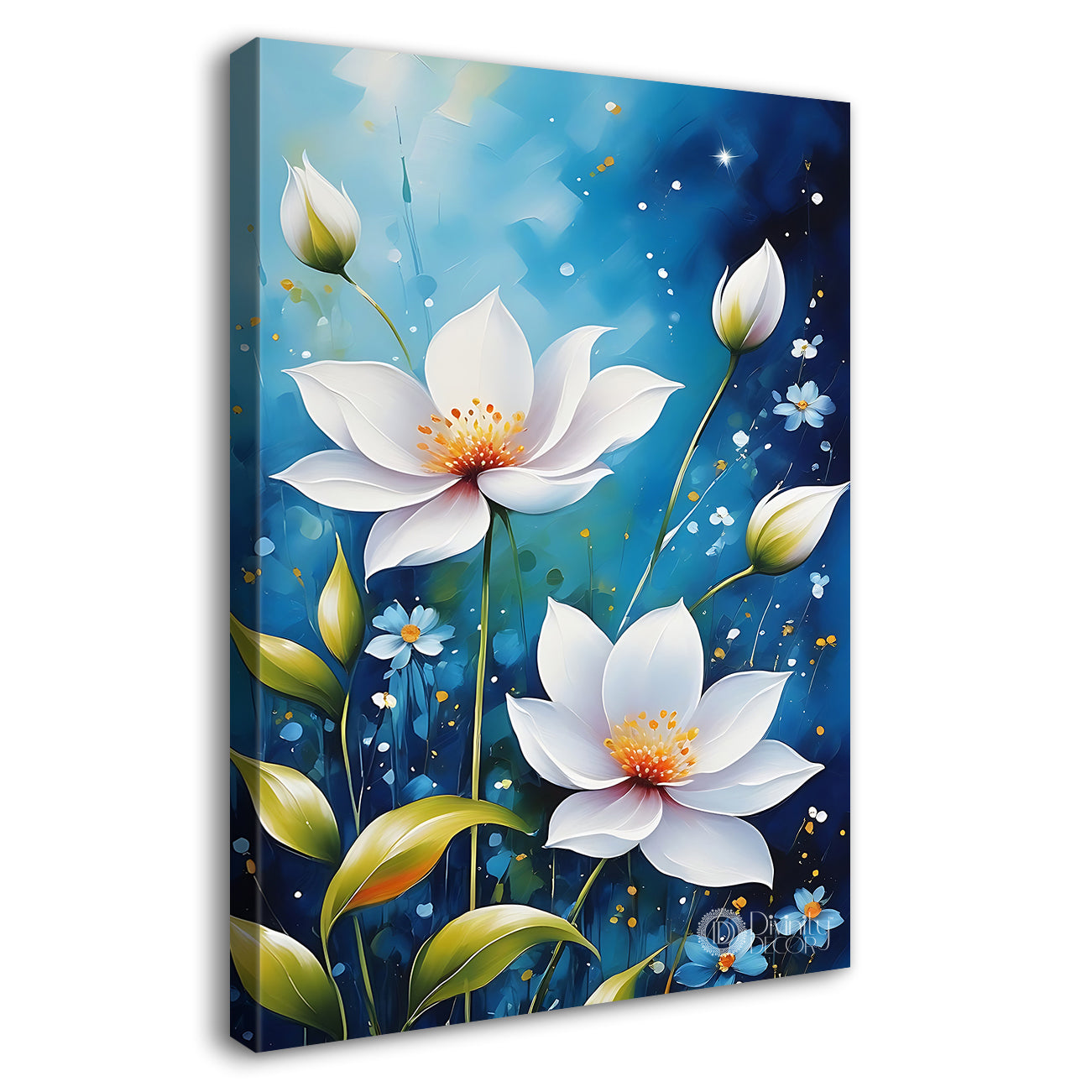 White flowers in blue textured painting- Flower-V-592