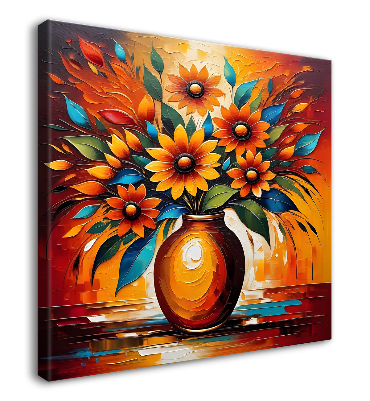 Yellow flowers in a vas with brown textured oil painting Flower-S-592