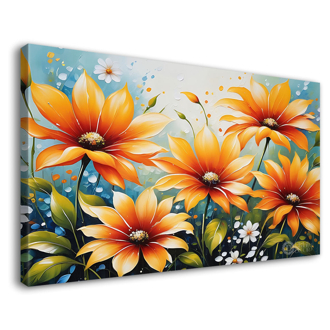 Orange flowers in blue background canvas painting- Flower-593