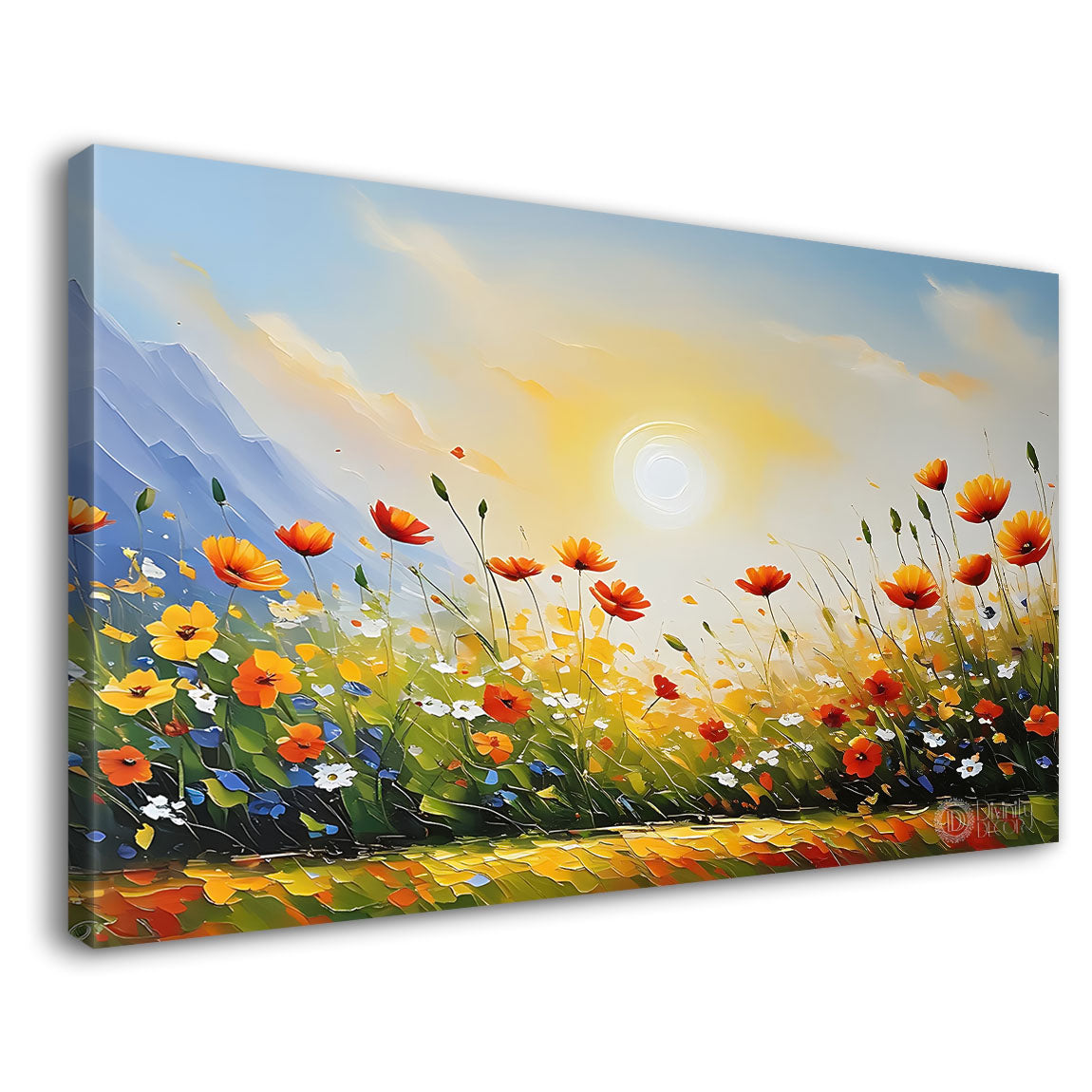 Orange flowers in blue background canvas painting- Flower-594