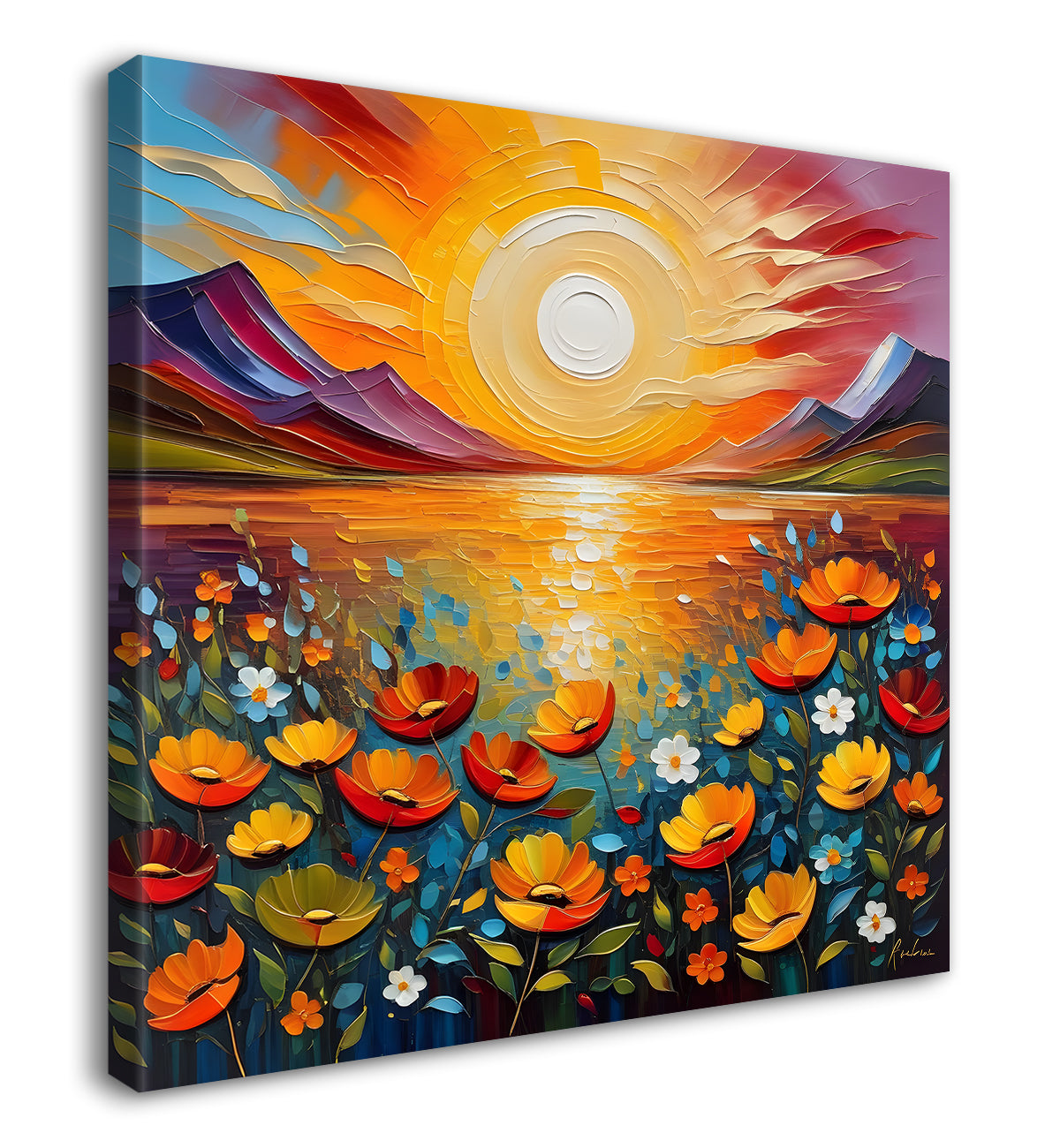 Colourful flowers with the sunrise textured oil painting Flower-S-594