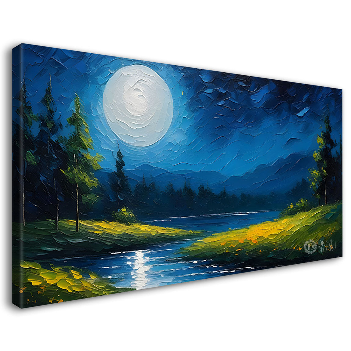 Moon in the night with lake and mountains painting Canvas Painting - Nature Art -595