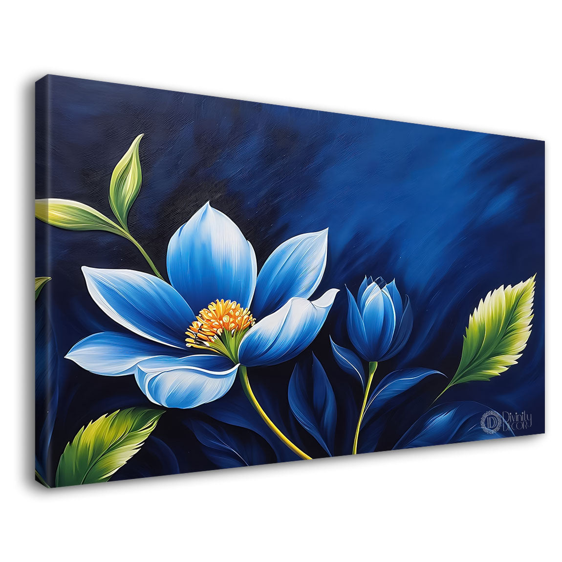 Blue flower in navy blue background canvas painting- Flower-596