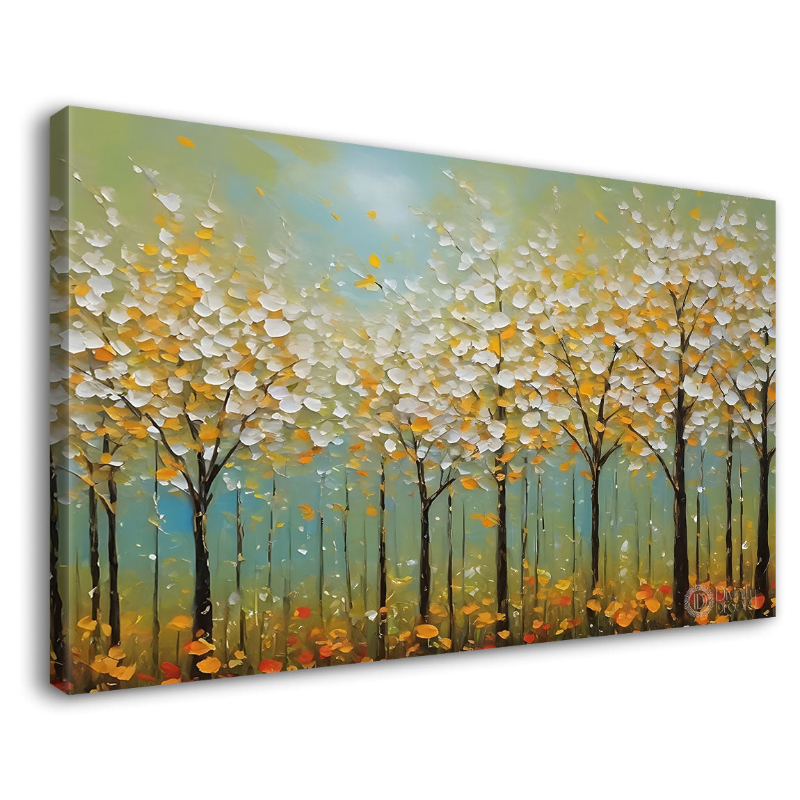 White flowers trees in green background canvas painting- Flower-597