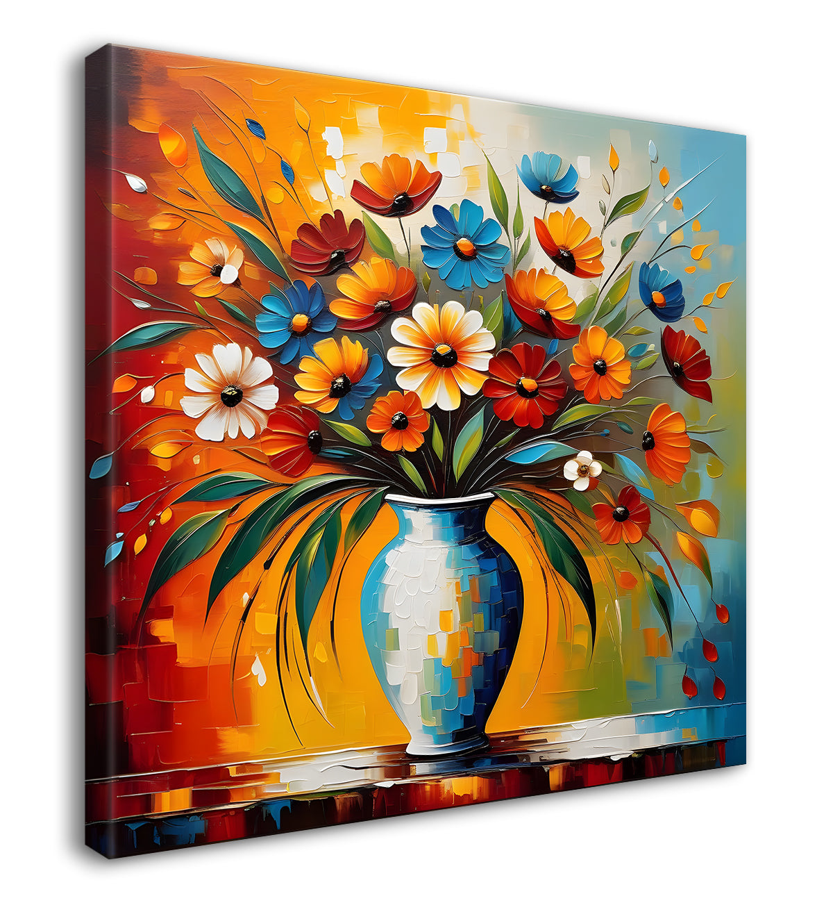 Colourful flowers in a vas with colourful textured oil painting Flower-S-597