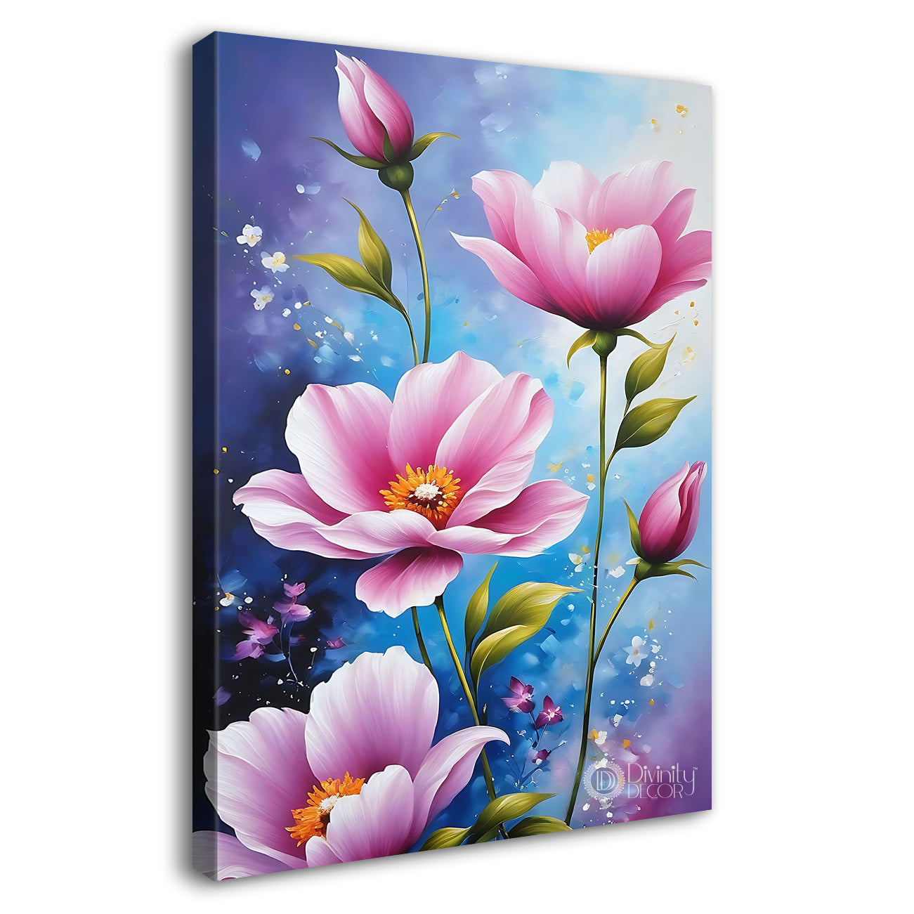 Pink flowers in blue textured painting- Flower-V-598