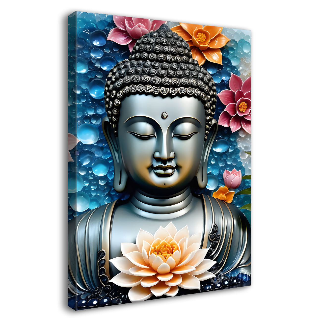 Grey buddha with colourful flowers textured painting - Buddha-V-59
