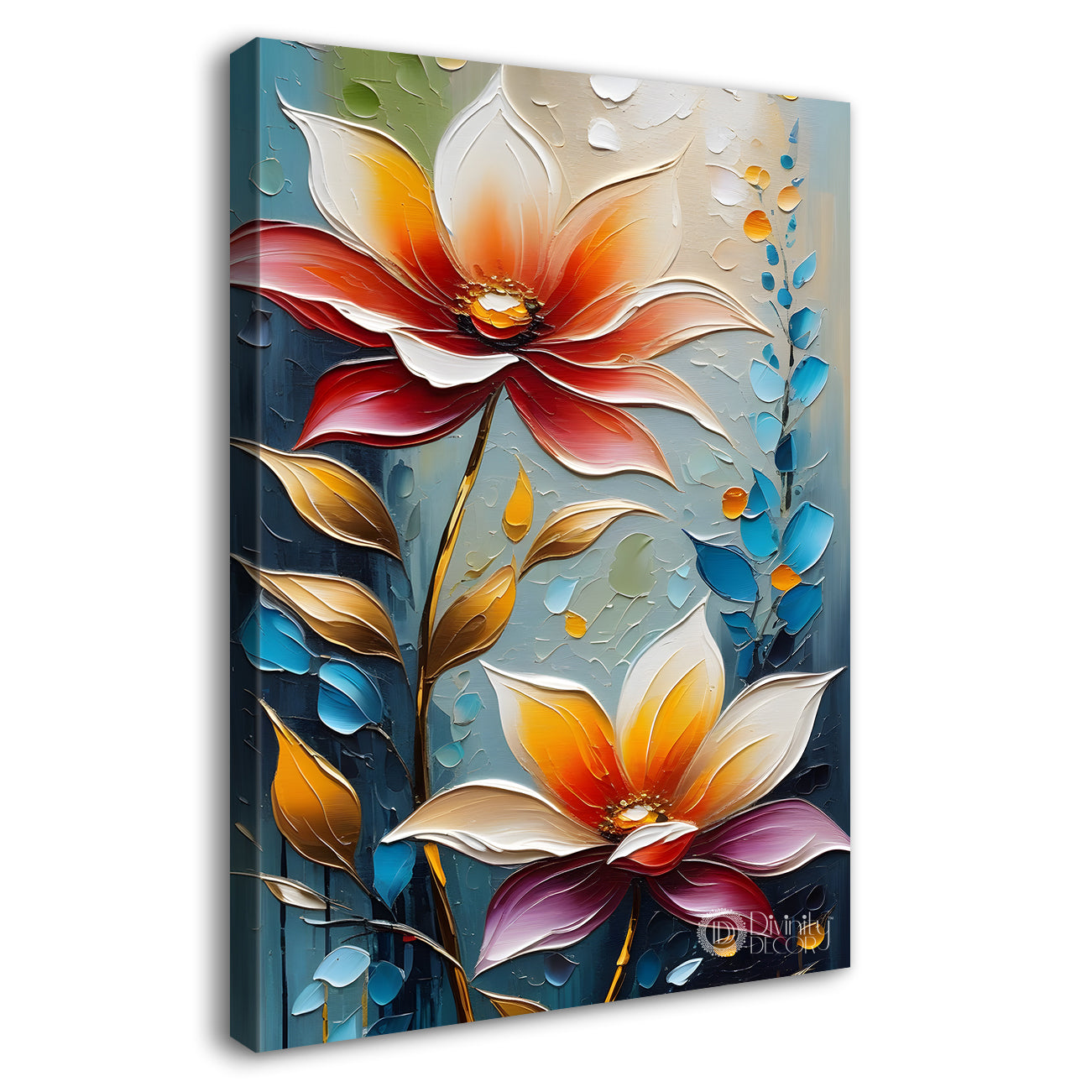 Orange flowers in blue textured background painting - Flower-V-59