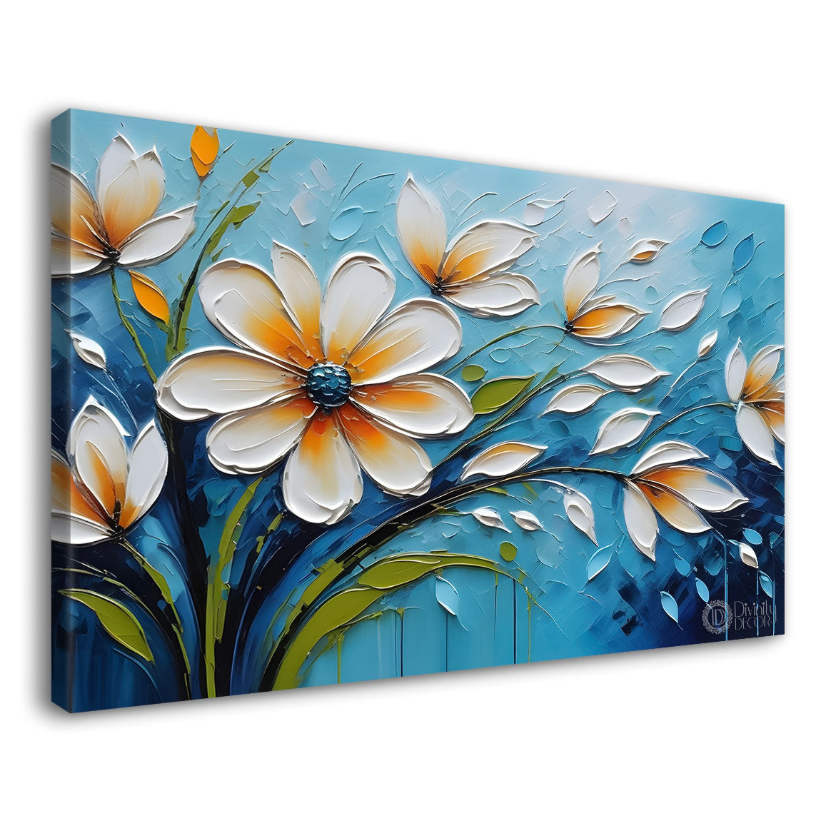 White flowers with blue textured painting- Design - Flower-59