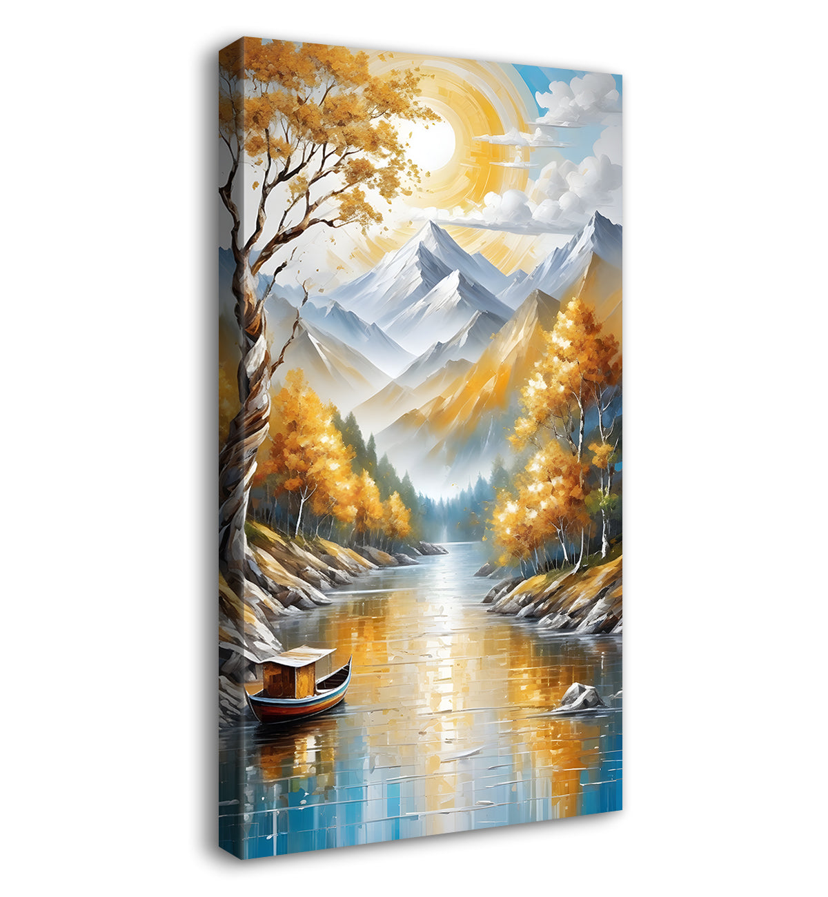 Golden trees with lake and white mountains textured painting Canvas Painting - Nature Art -V-59