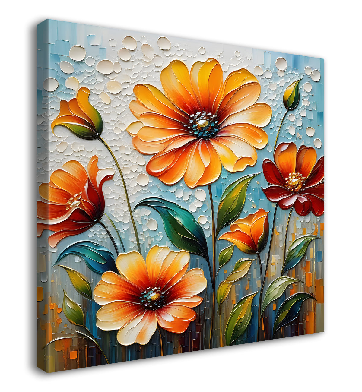 Colourful flowers in blue background textured painting - Flower-S-59