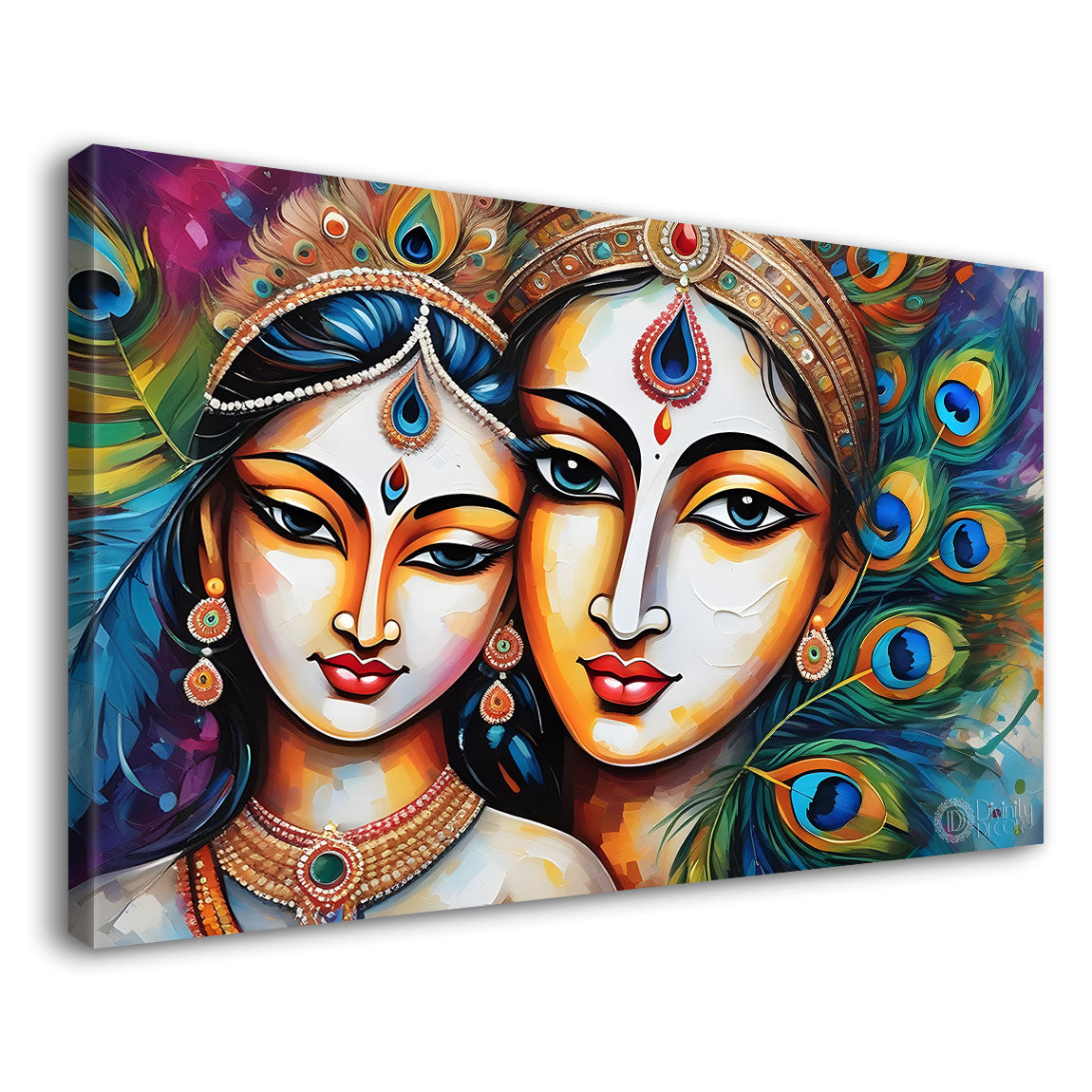 Brown face Krishna and Radha with peacock feathers painting Canvas Painting - Design - Krishna-59