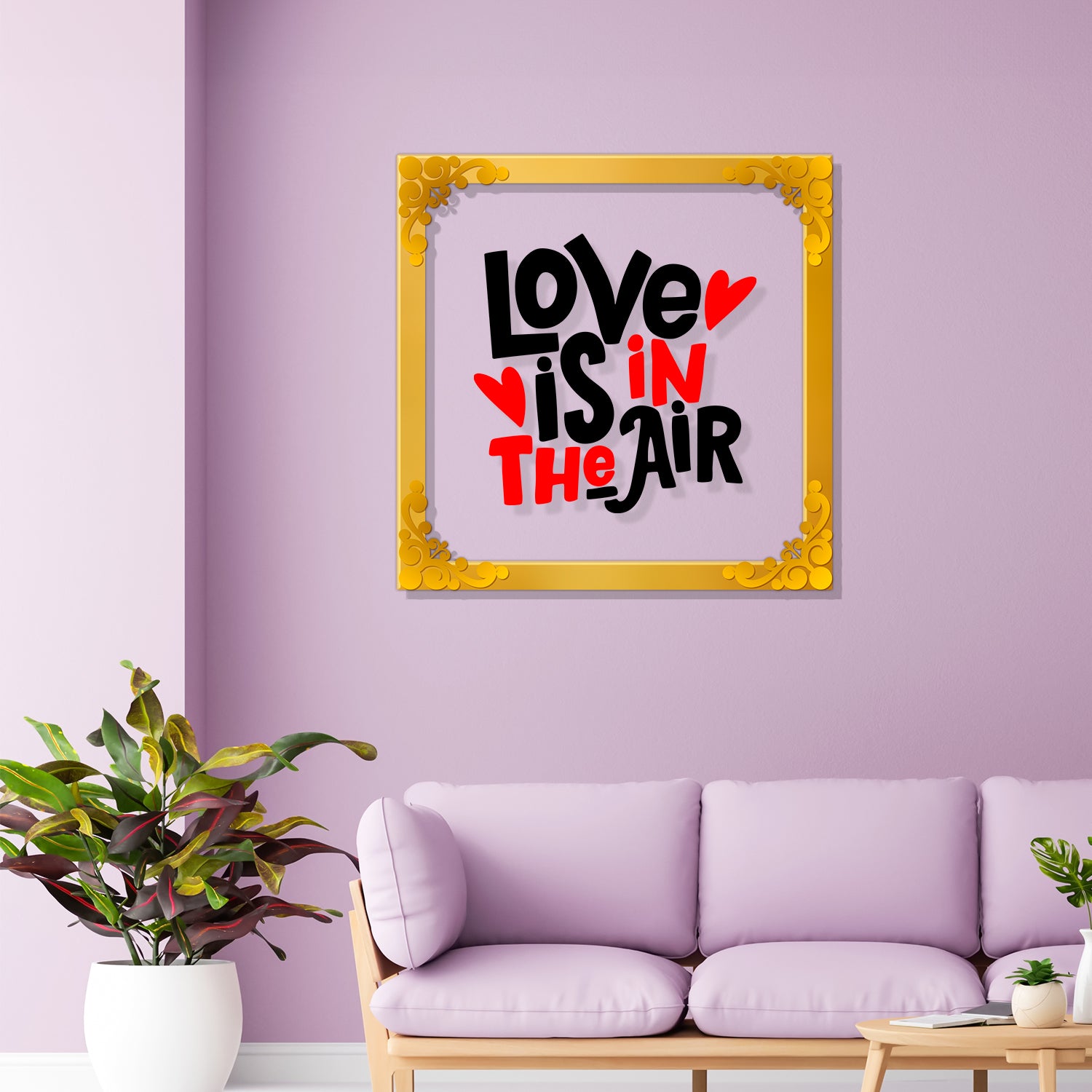 Love is in the air Golden Plaque for Gifting, Wall Decor Clear UV print with Golden Border- 5