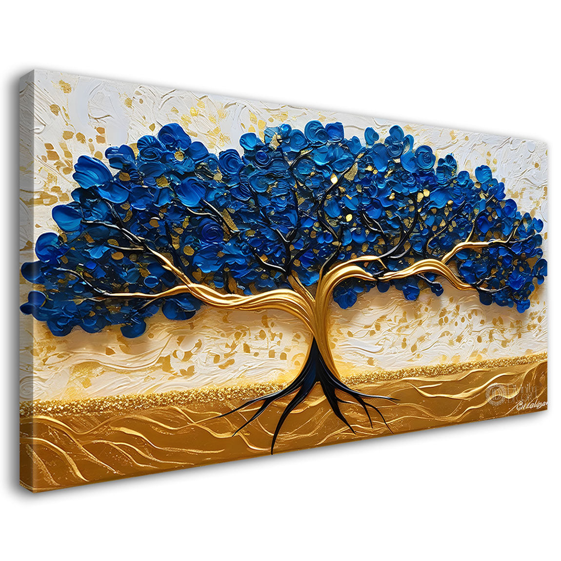 Blue tree with golden and white background textured modern art Canvas Painting - Design - Tree-5
