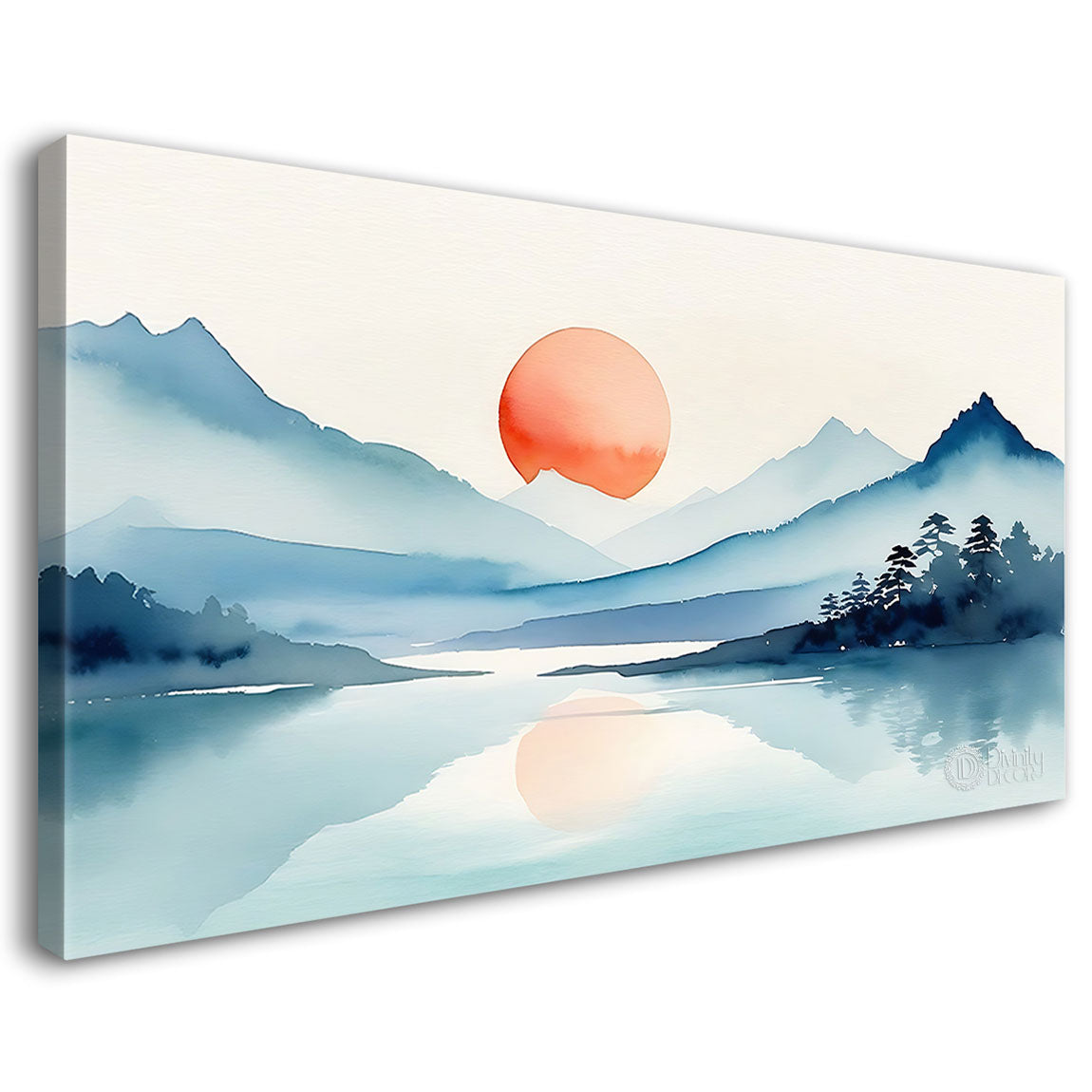 Mountains with sunrise and lake in textured water color painting Canvas Painting - Nature Art - 5