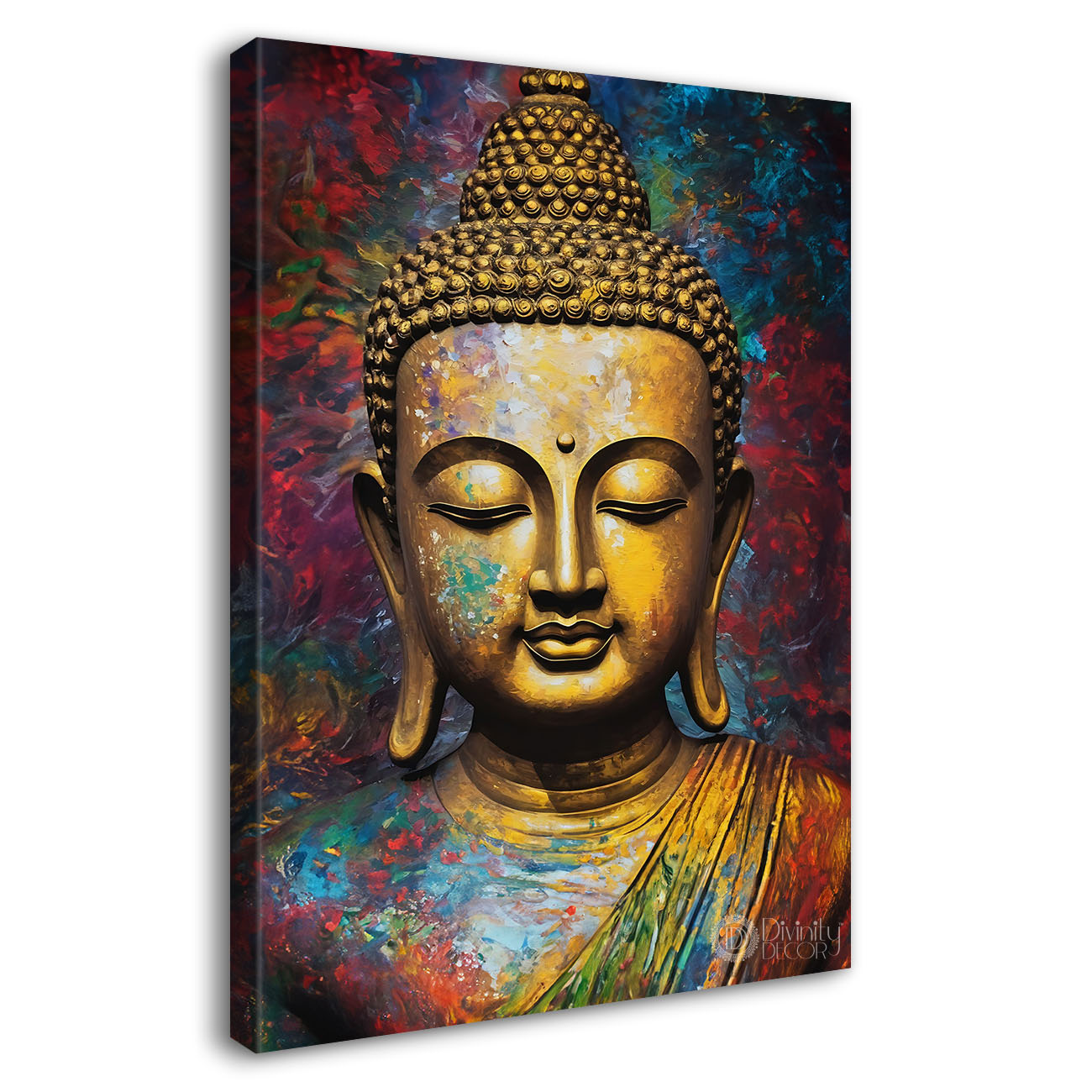 Golden buddha face with colourful background textured painting - Buddha-V-5
