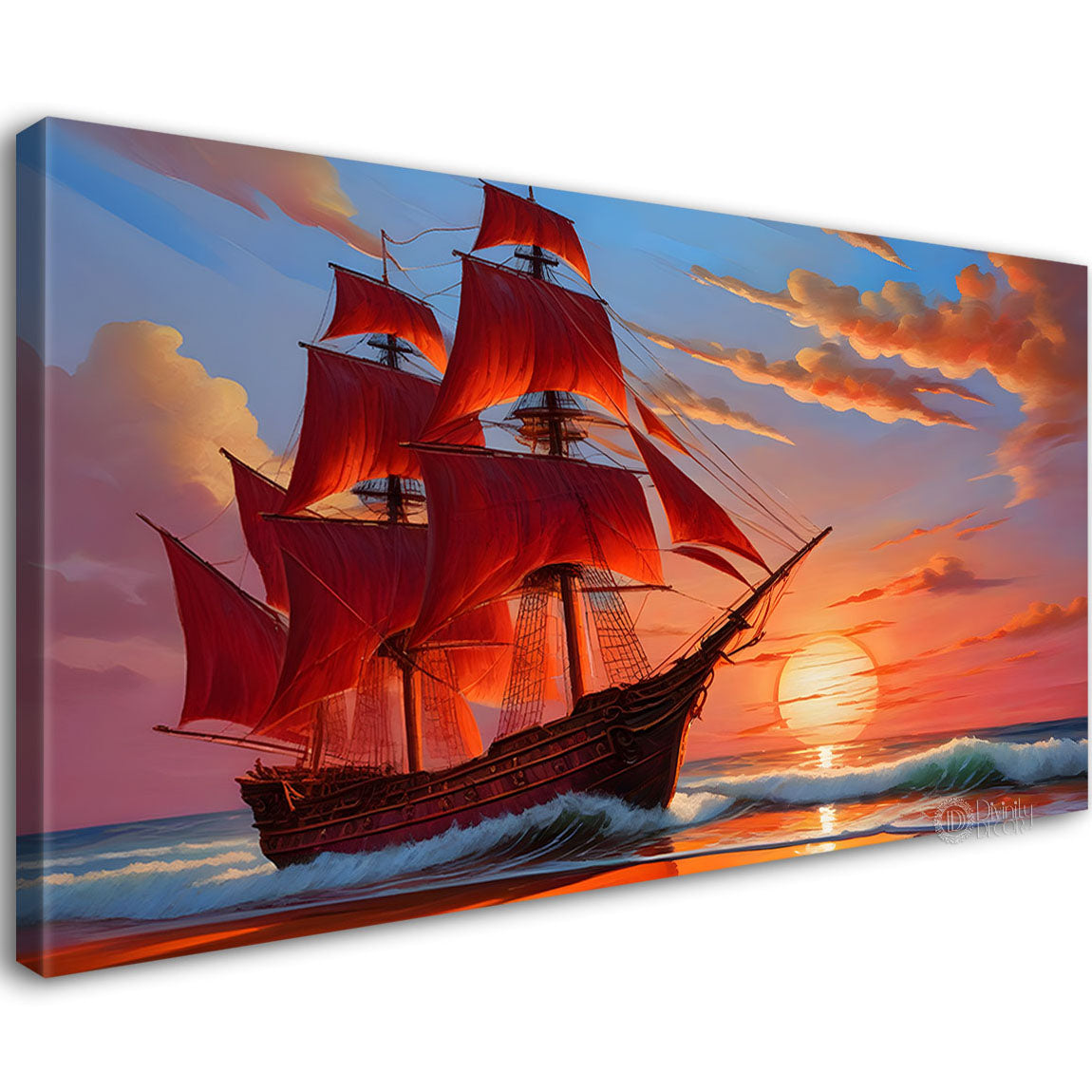 Ship with sunrise background in textured modern art canvas painting - Design - River-5