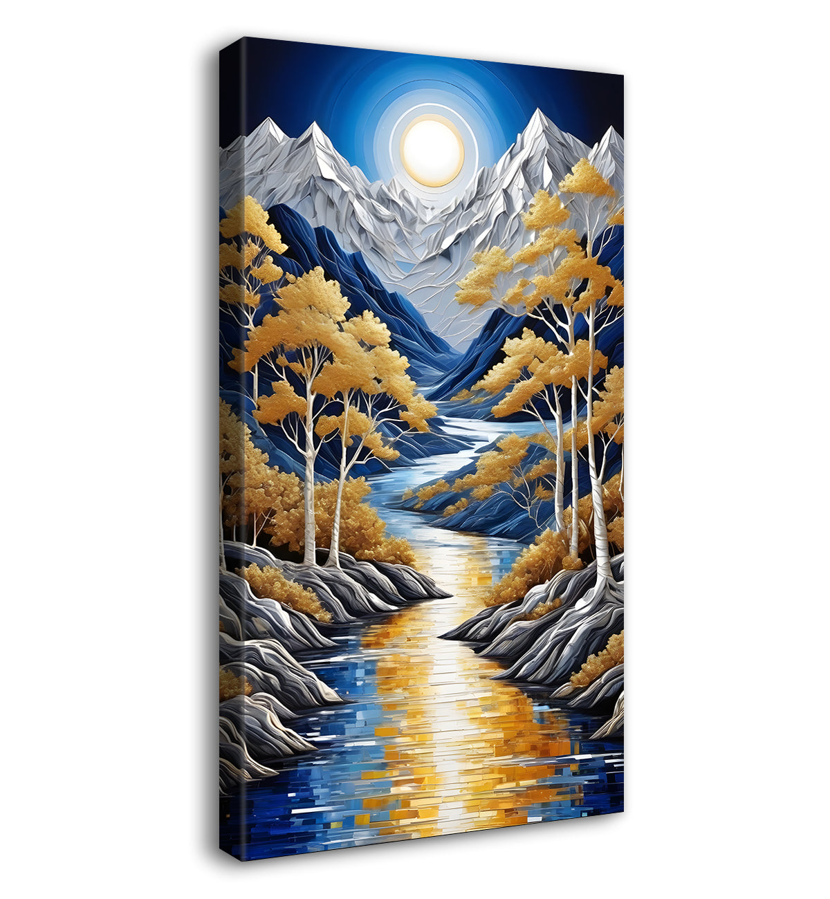 Blue mountains with golden trees and white moon textured natural art  Canvas Painting - Nature Art -V-5