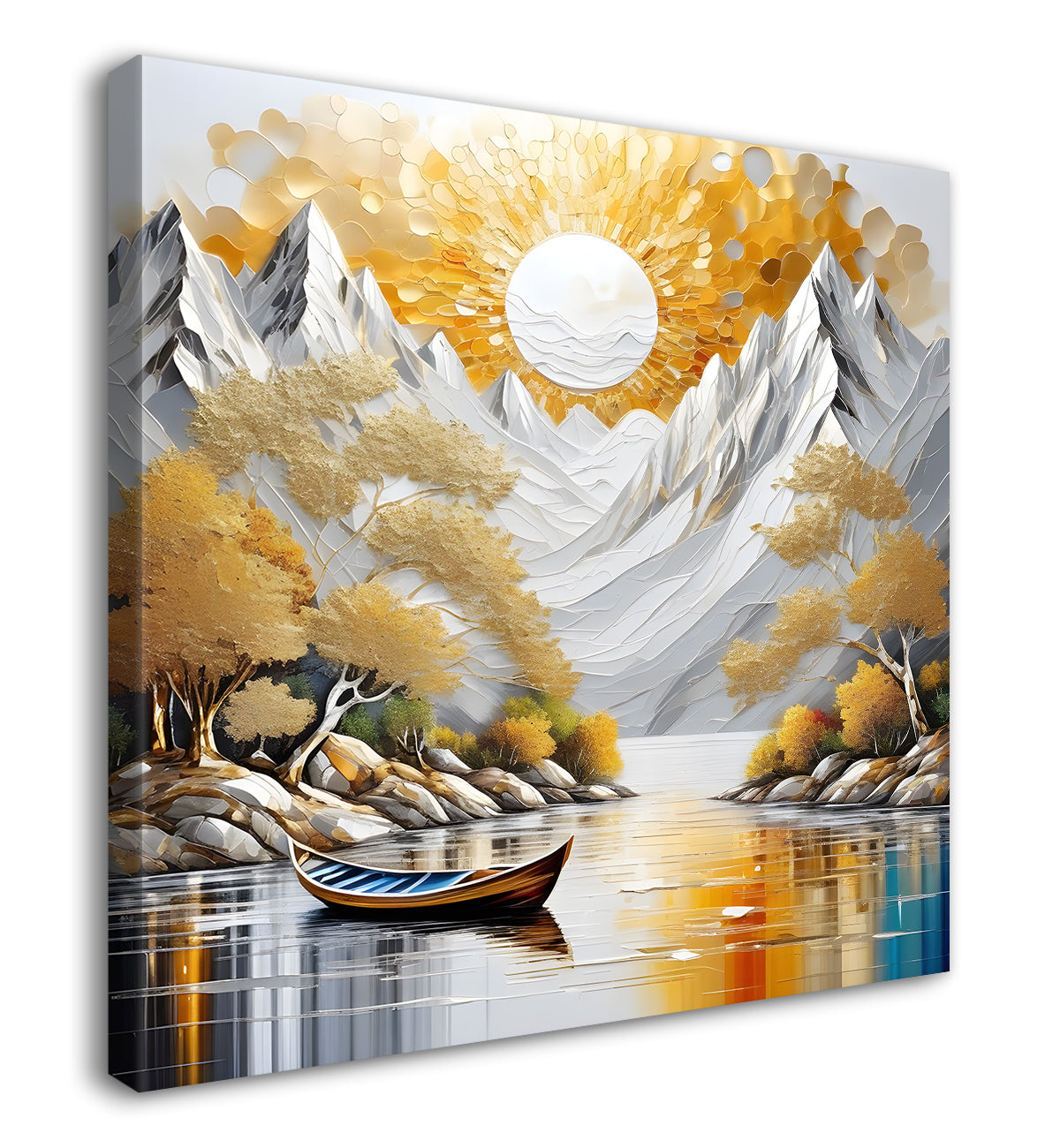 Golden tree with white mountains and sun natureal art Canvas Painting 24X24 - Nature Art -S-2