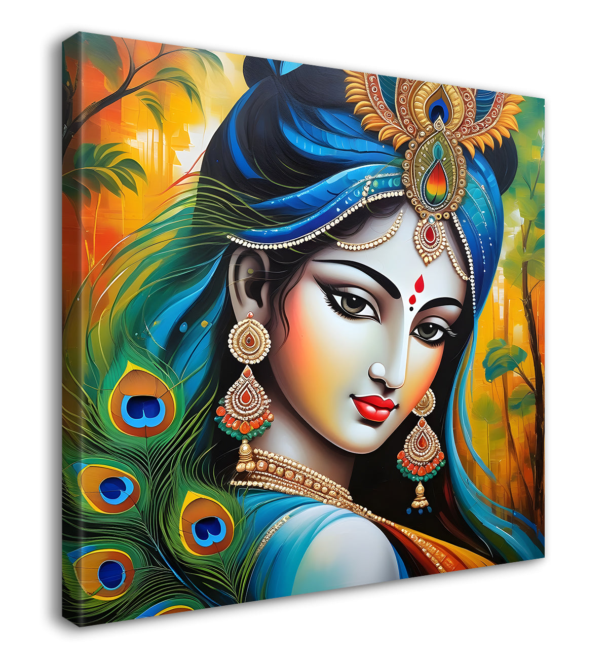 Radha with orange and peacock feathers oil painting Canvas Painting 24X24- Design - Krishna-S-5