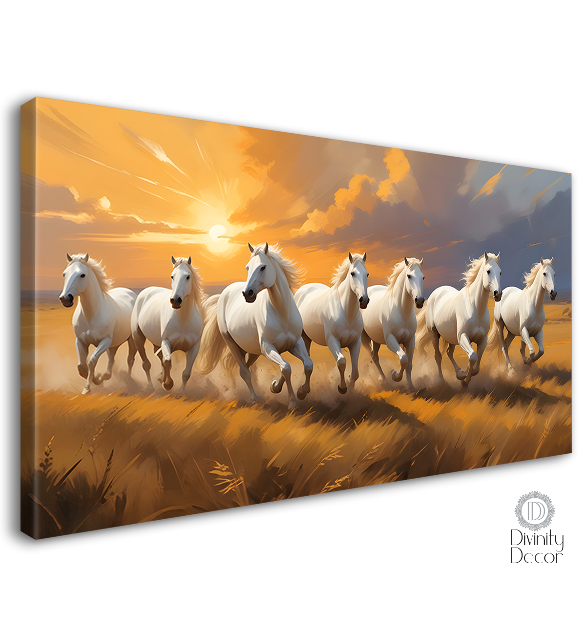 White horses running on field with sunrise textured background art Canvas Painting - Design - Horse- 6
