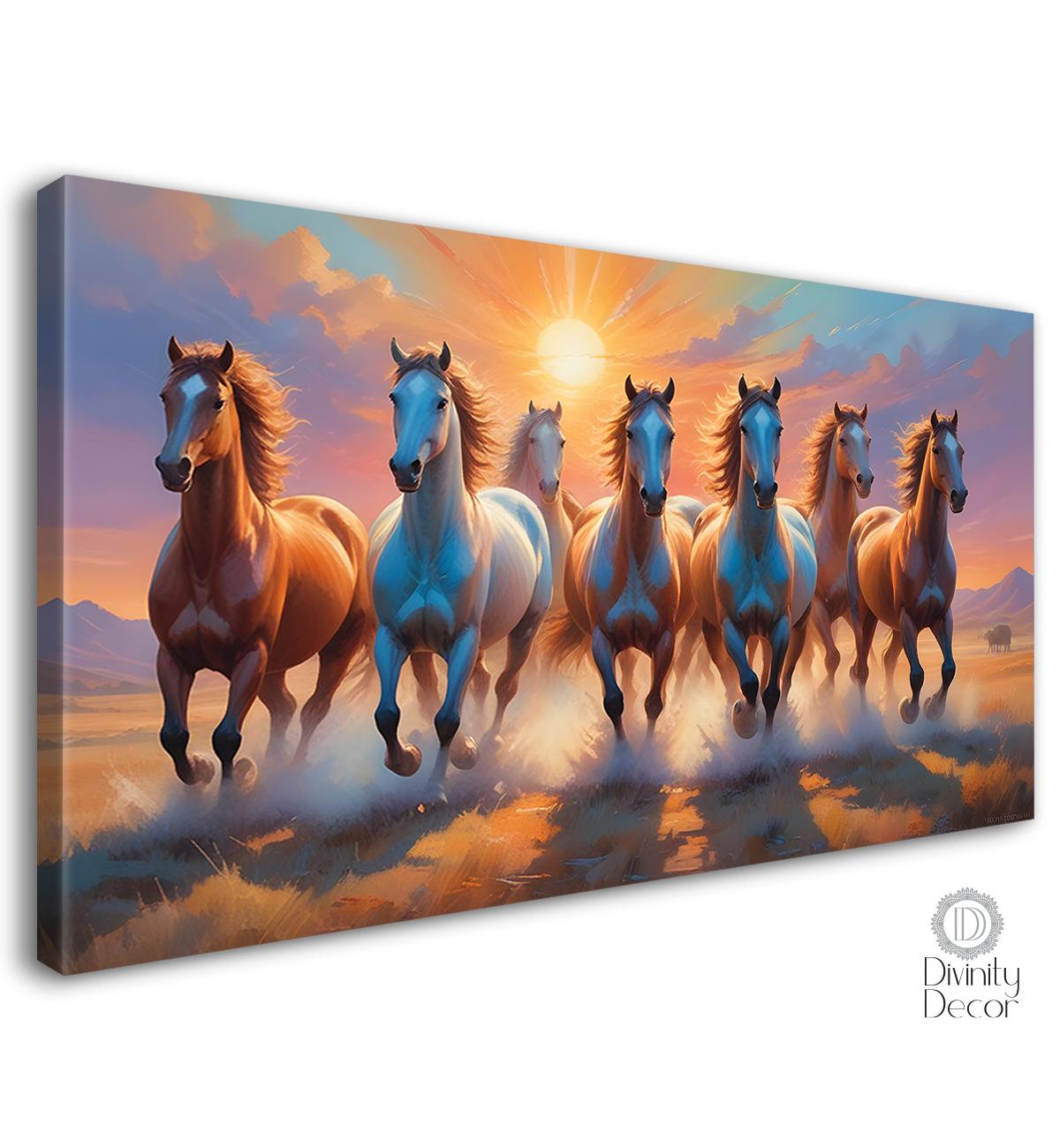 Brown running horses with sunrise textured background art Canvas Painting - Design - Horse-60