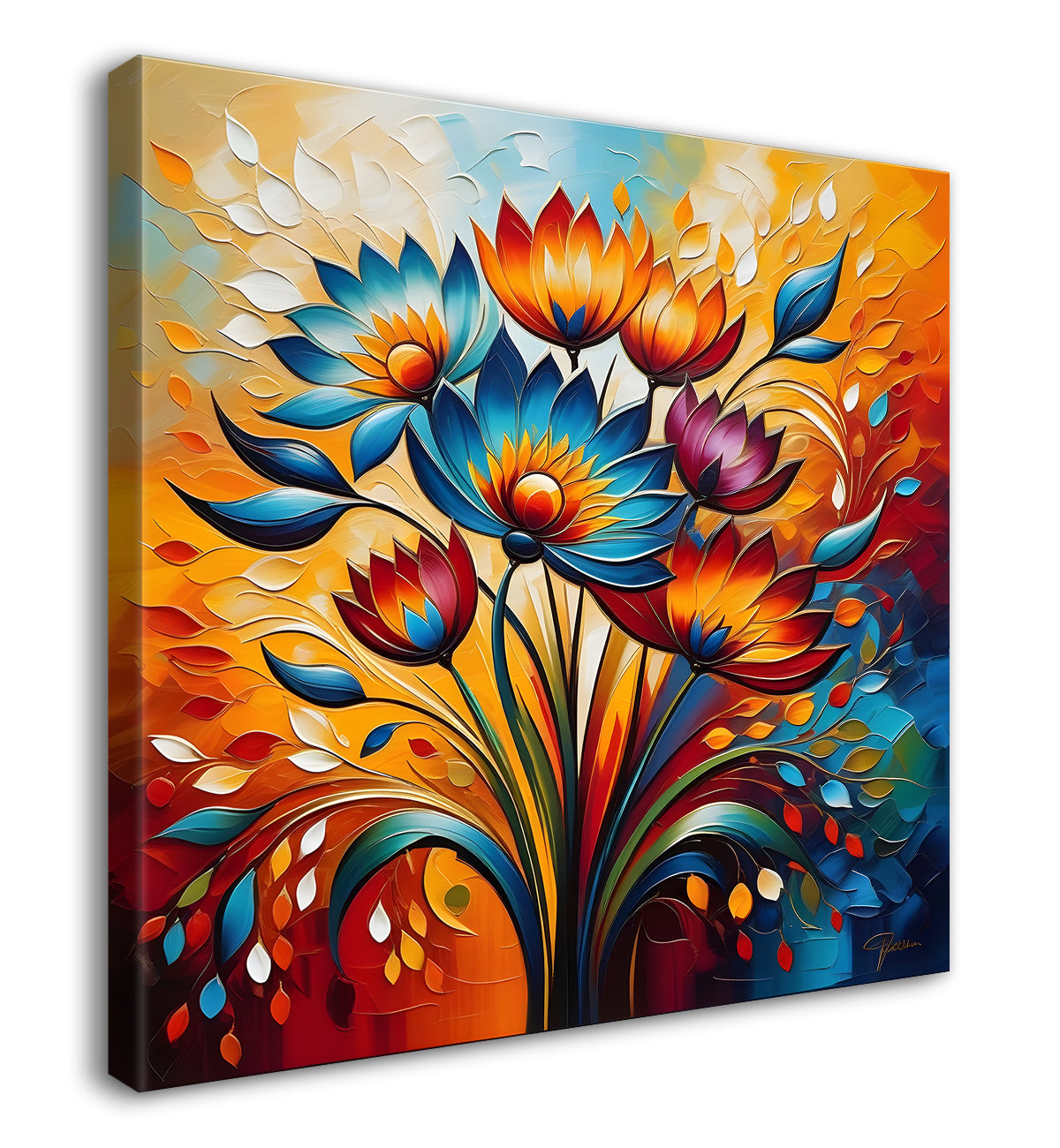Colourful flowers in a vas with colourful textured oil painting Flower-S-600
