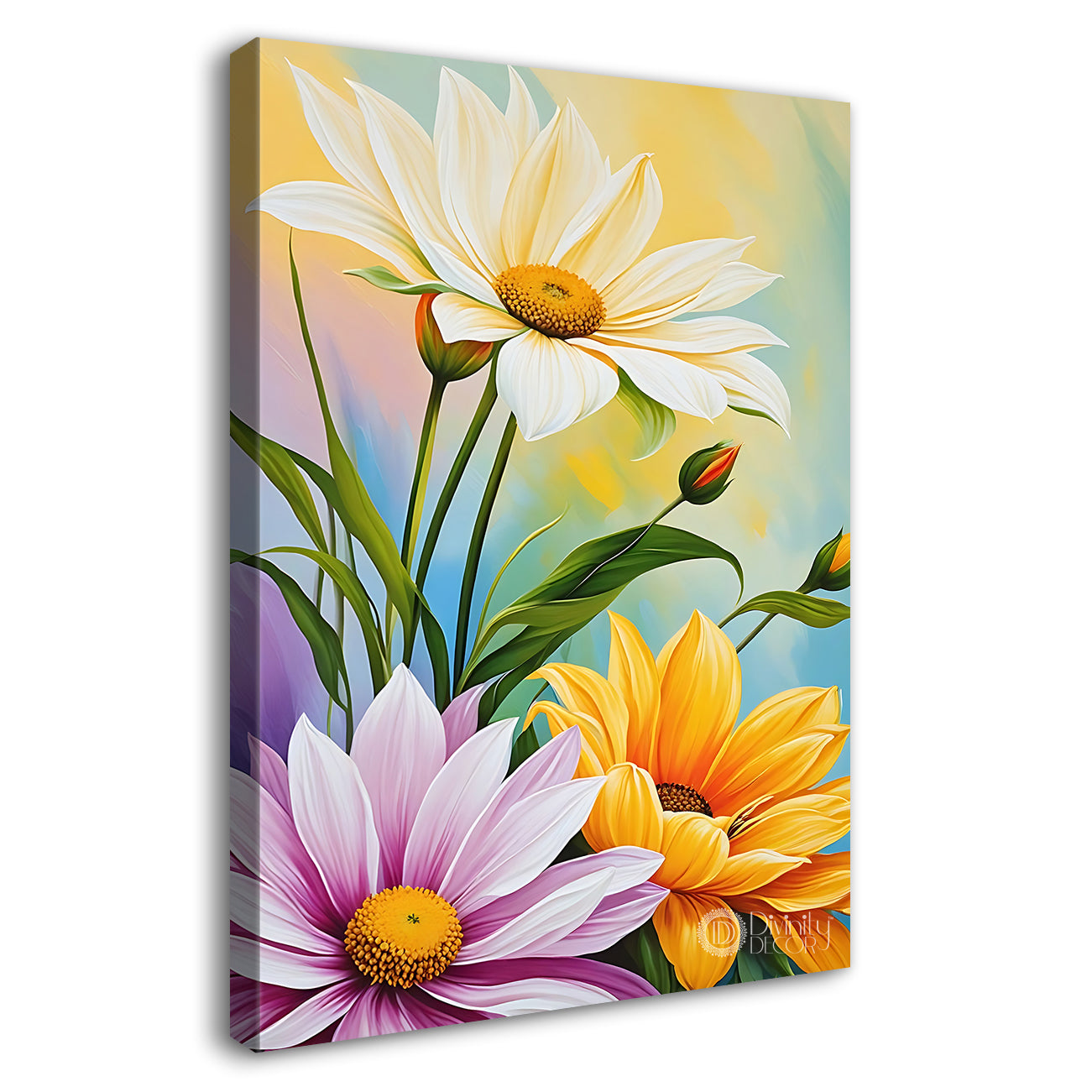 Pink and yellow flowers in colourful textured background - Flower-V-600