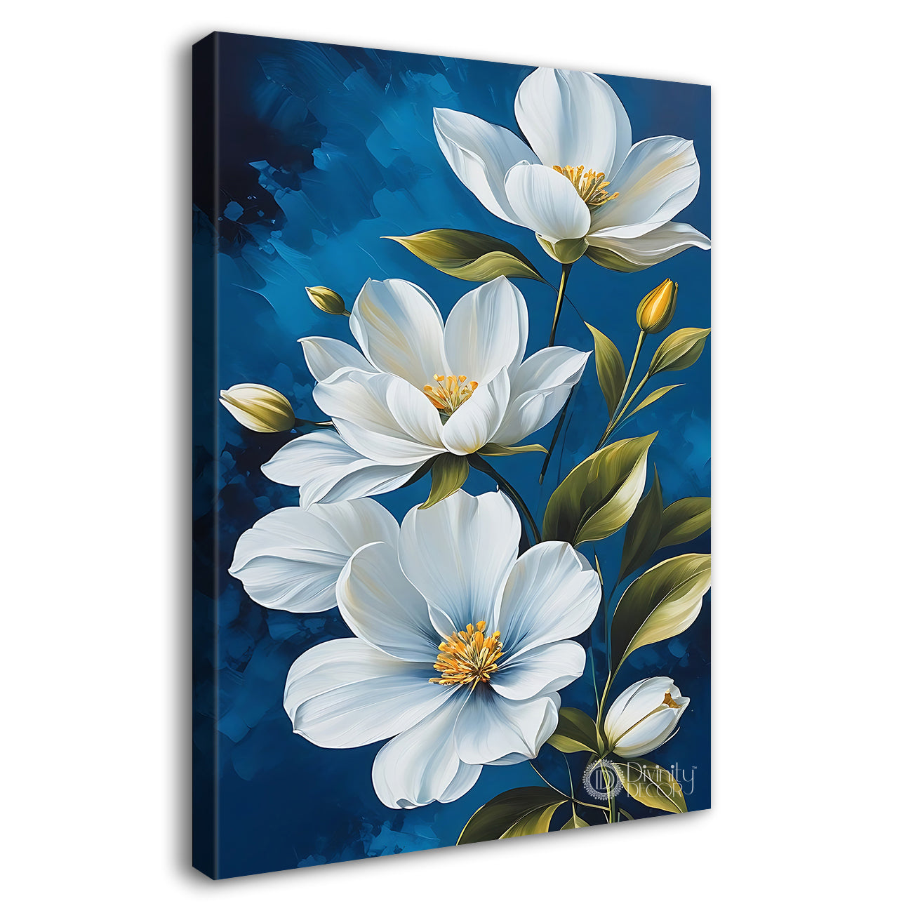 White flowers in blue textured painting - Flower-V-602