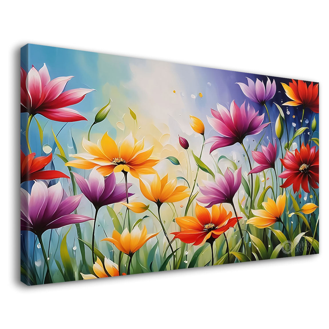 Colorful flowers in blue background canvas painting- Flower-605