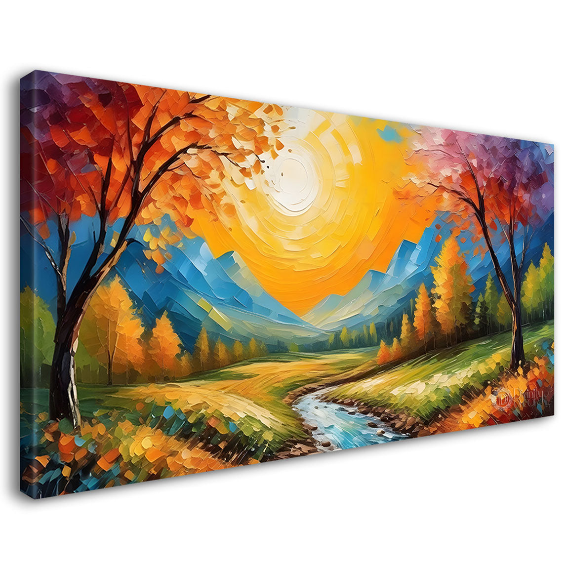 Mountains with pink trees and lake painting Canvas Painting - Nature Art -605
