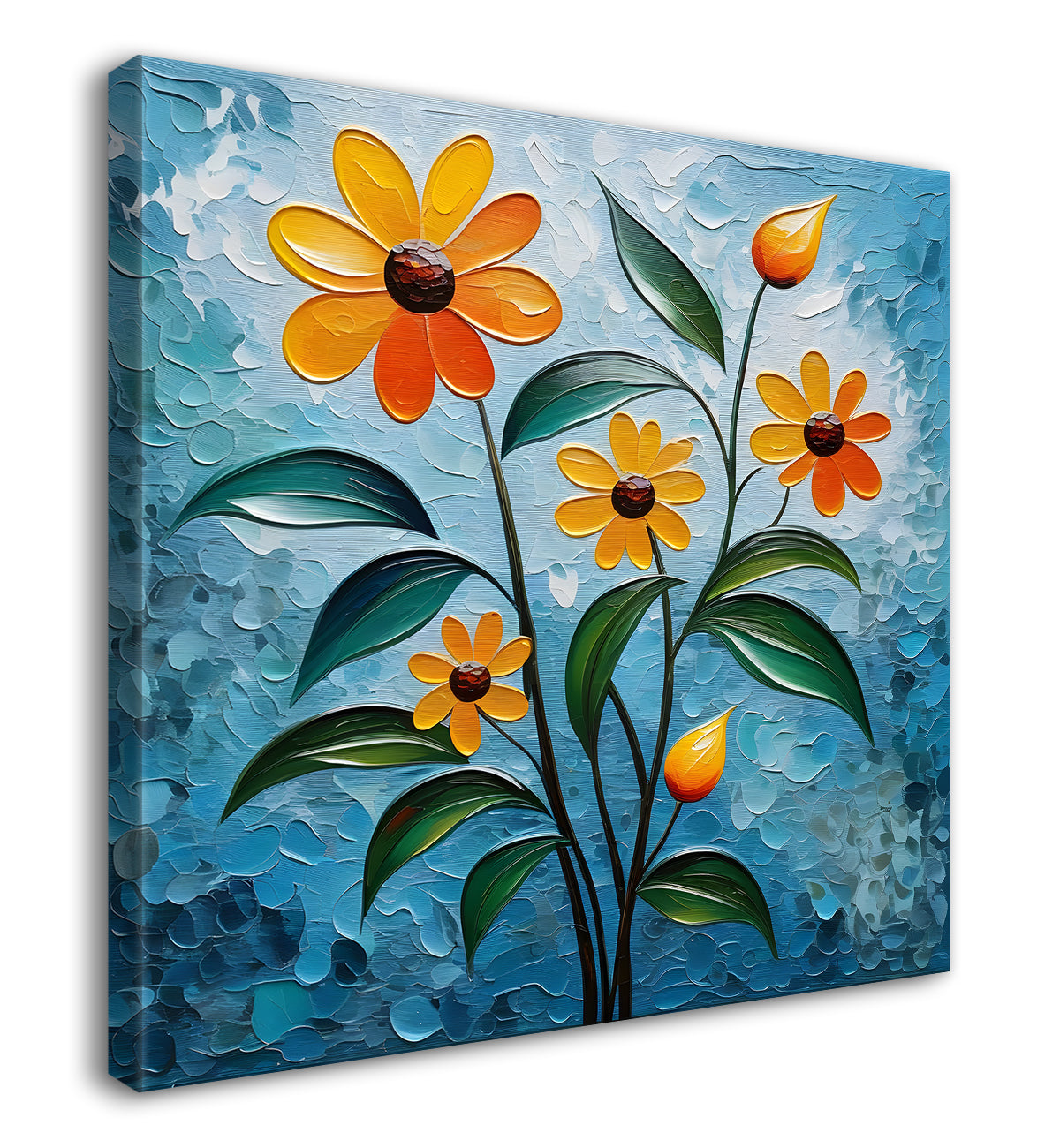 Orange flowers with blue textured painting - Flower-S-606