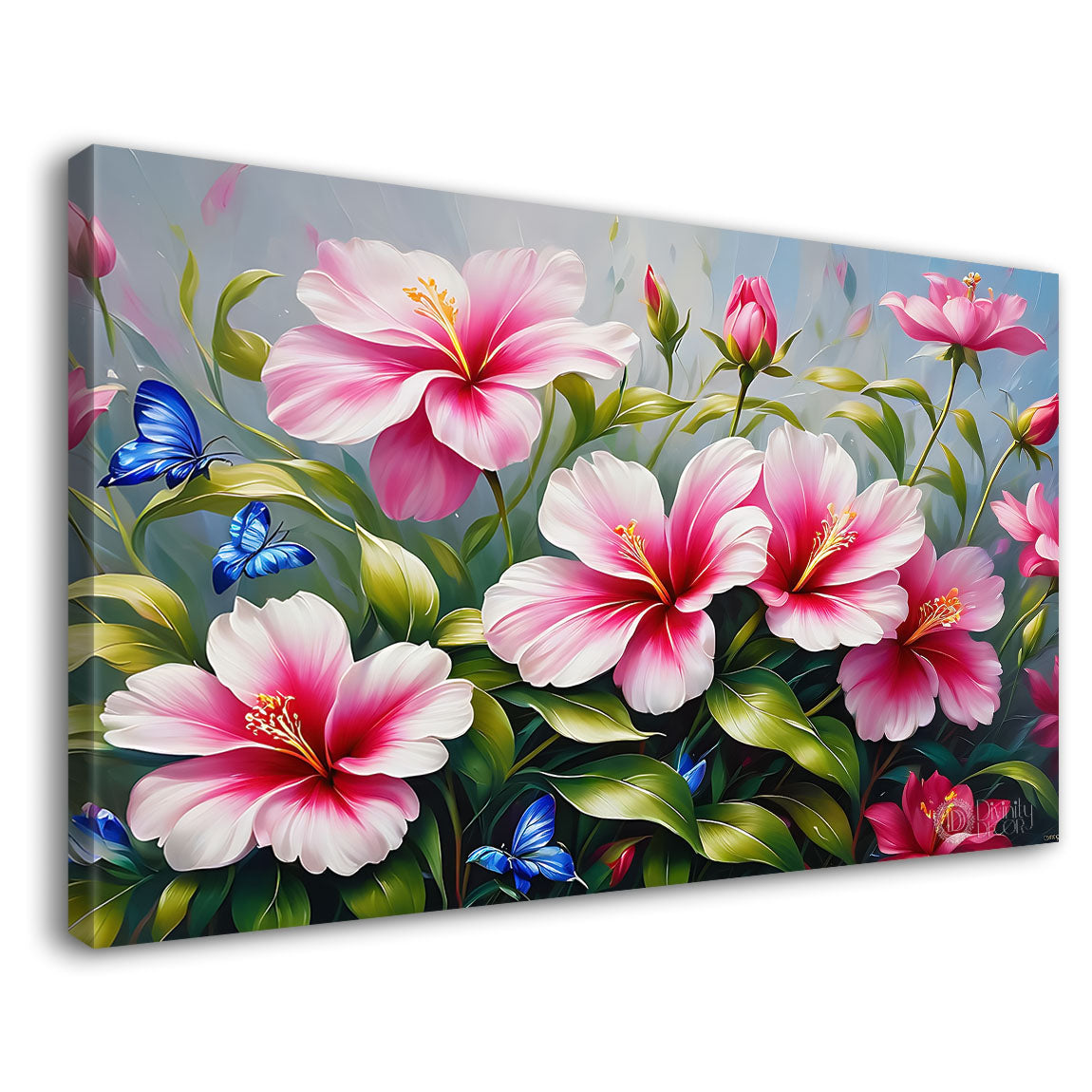 Pink flowers in grey background canvas painting- Flower-607